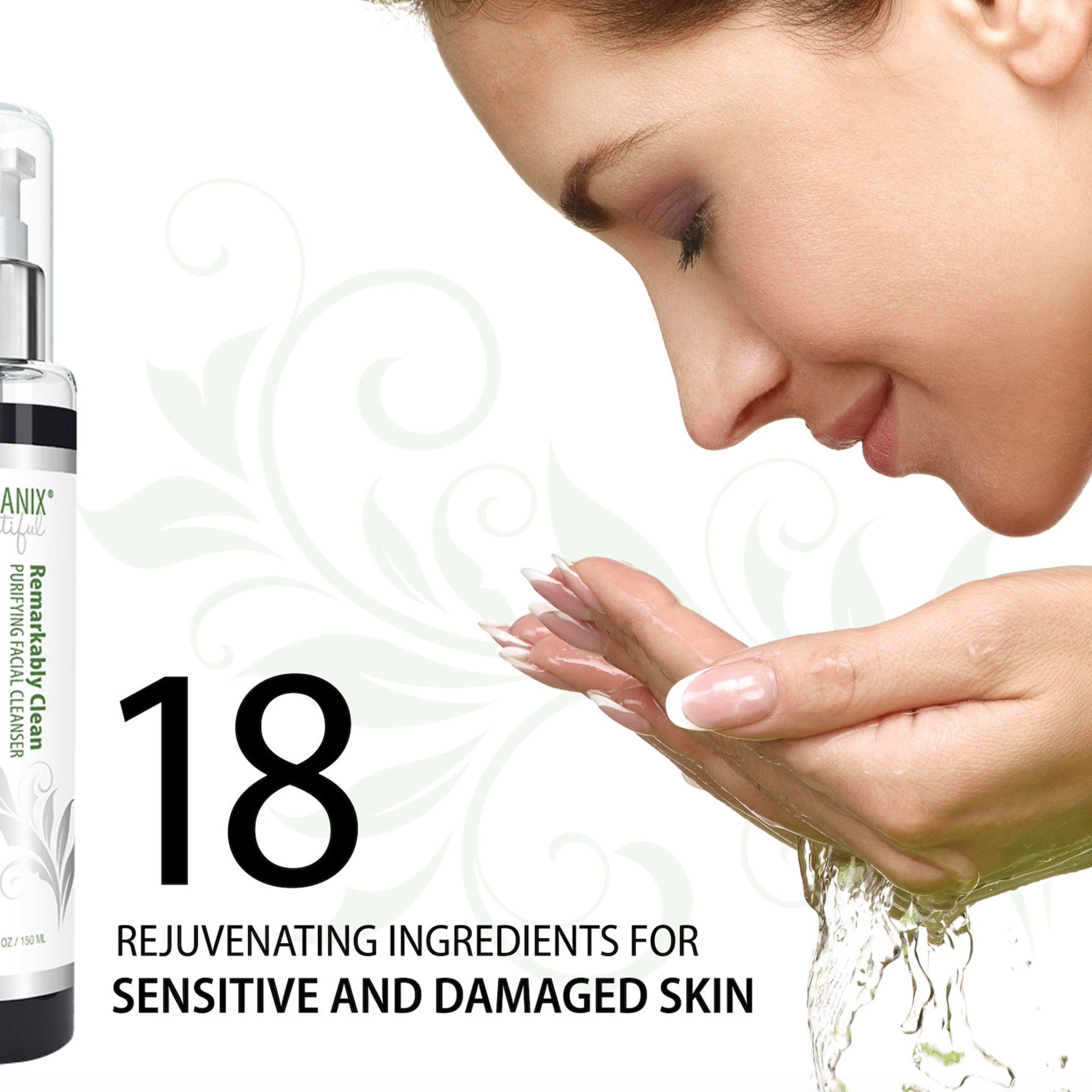 Facial cleanser bottle with clear liquid, woman's face, and white background with green accents.