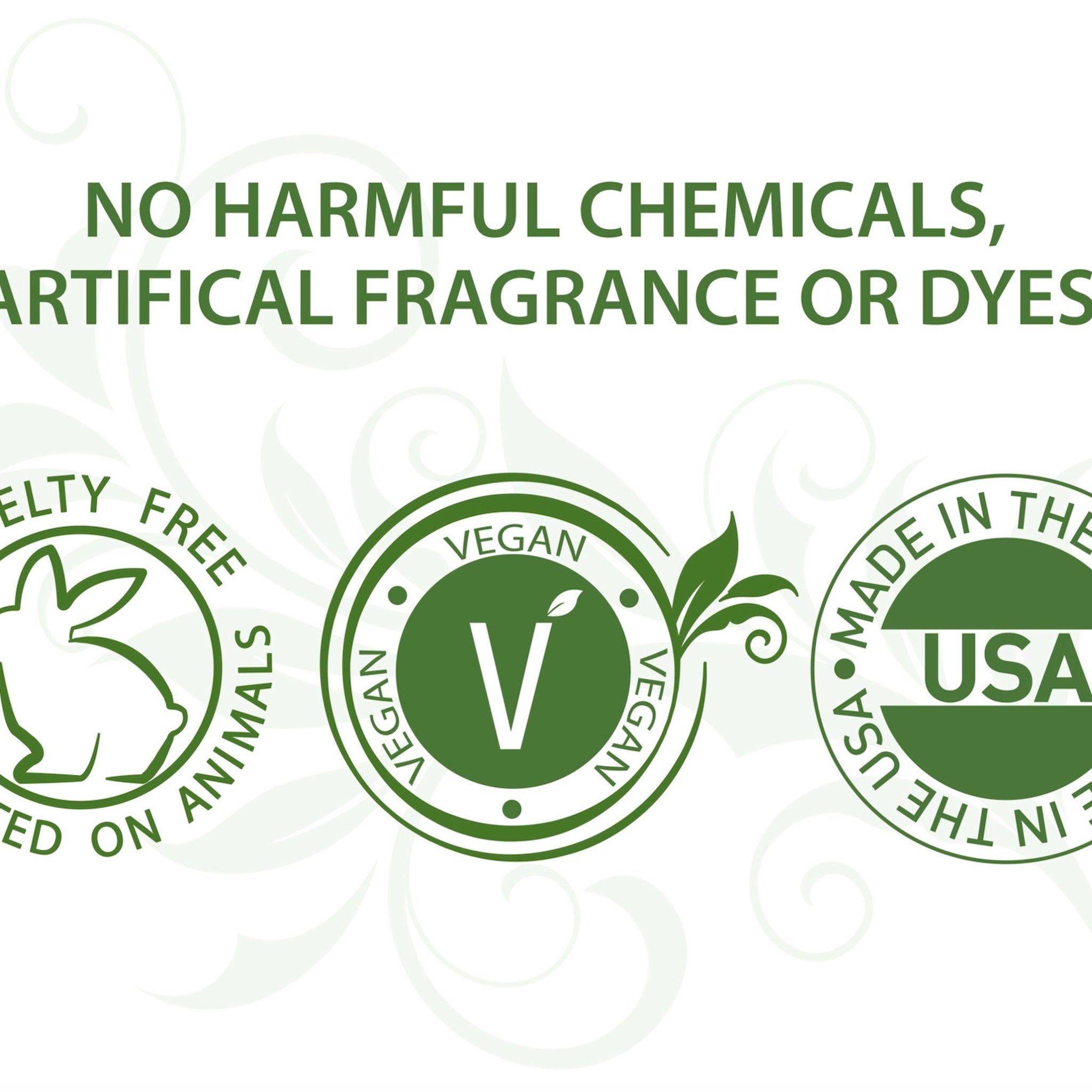 Vegan and cruelty-free product labels in green and white, with text "Vegan" and "Made in the USA