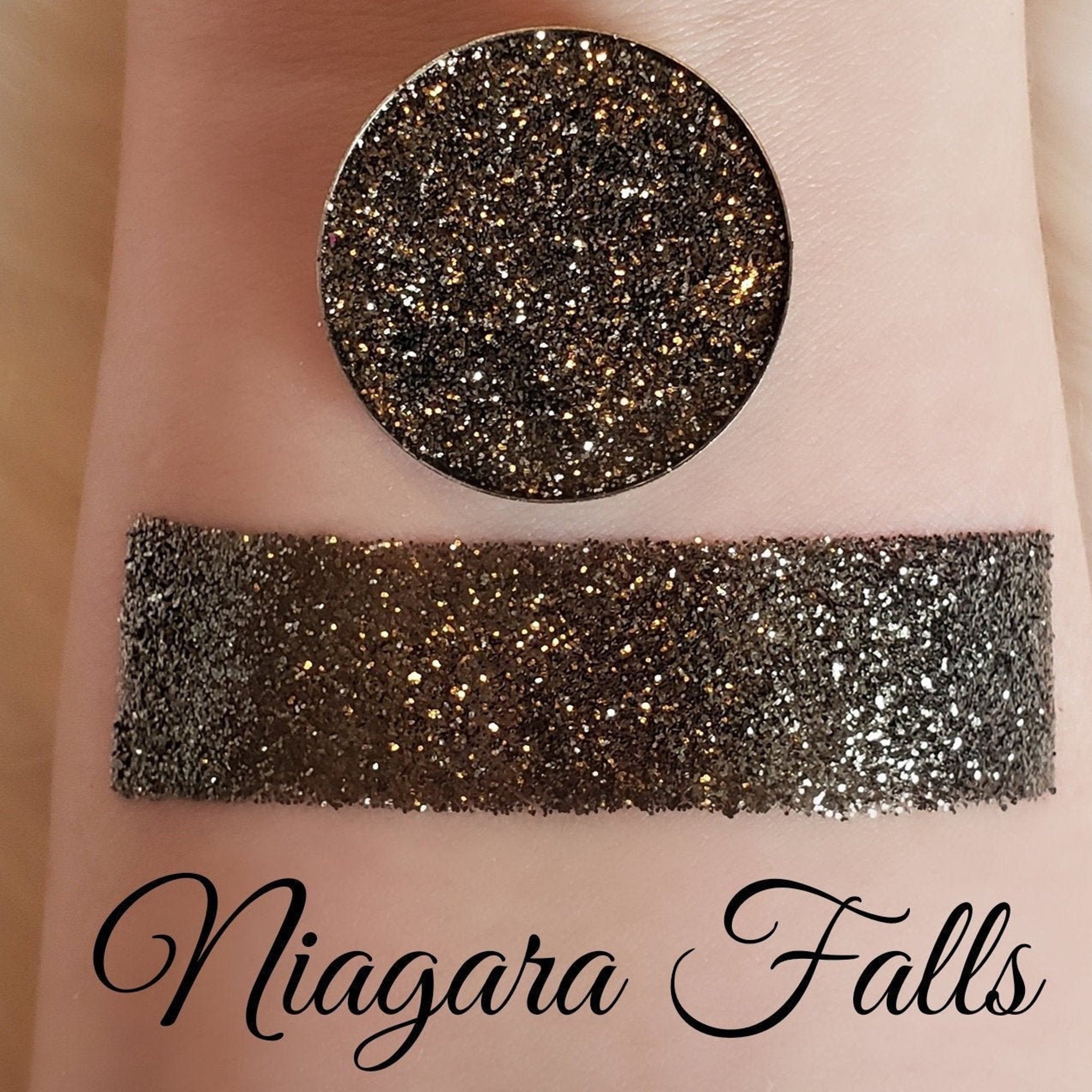 Glitter eyeshadow swatch with dark glitter, round pan, and "Niagara Falls" text visible on skin