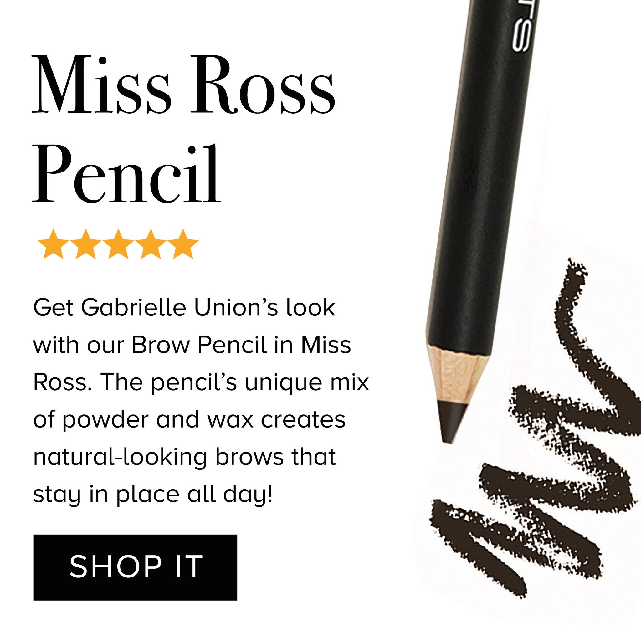 Brow pencil with black casing, wood tip, and dark brown strokes on white background