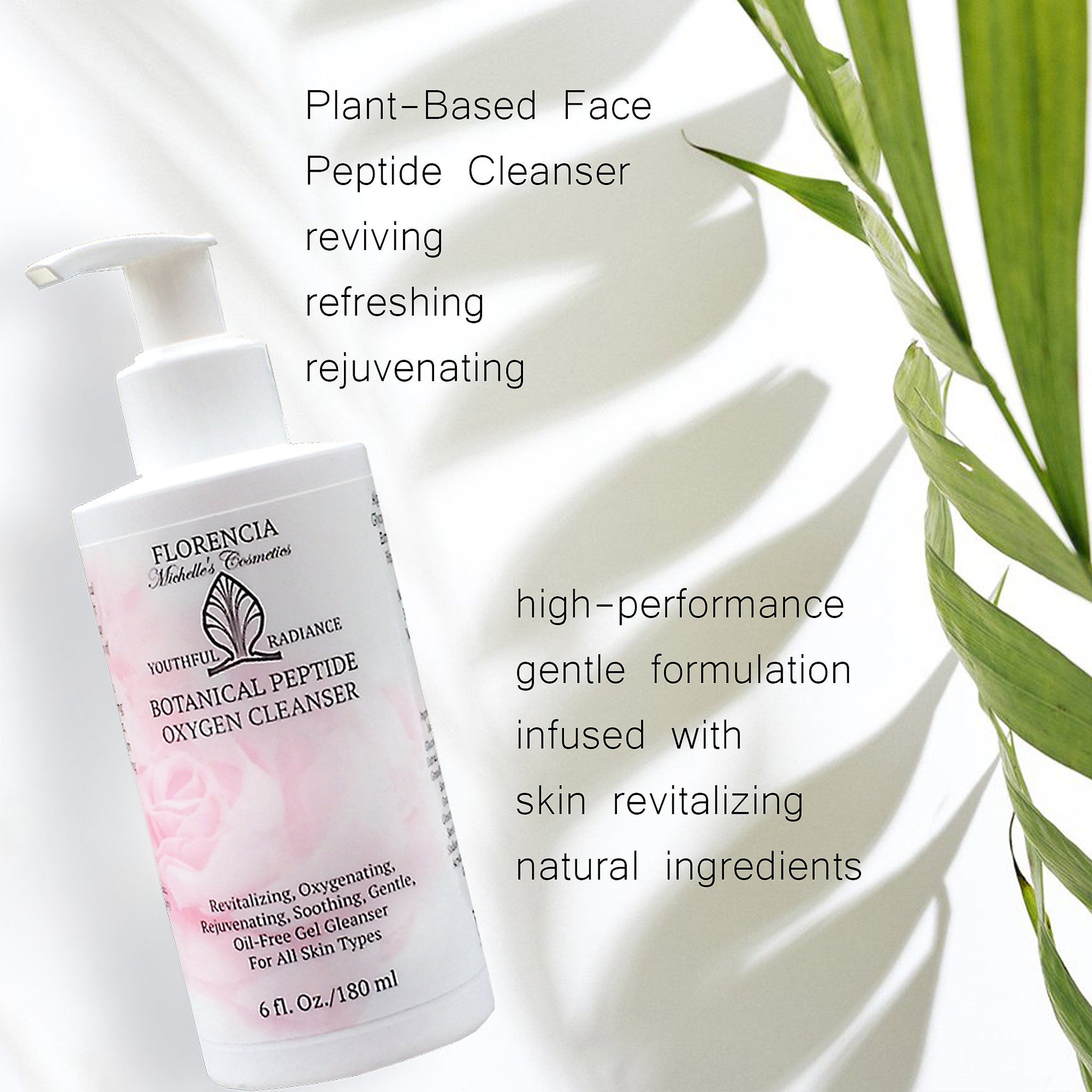 Peptide cleanser bottle, white plastic, pink label, with "FLORENCIA" text and green leaves