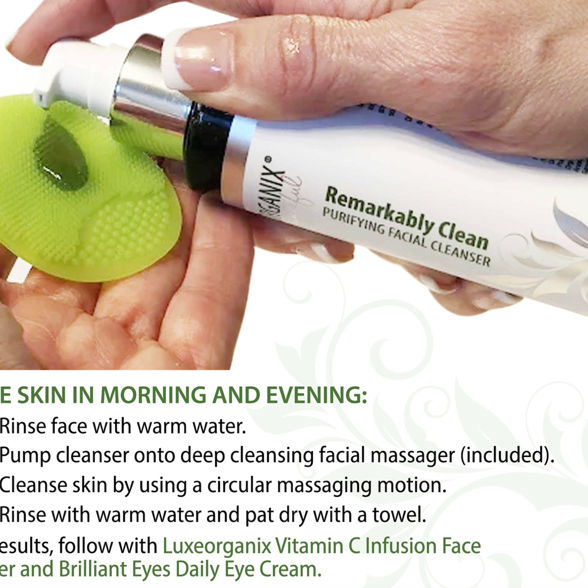 Facial cleanser bottle with white and silver pump, green silicone face massager, and "Remarkably Clean" text