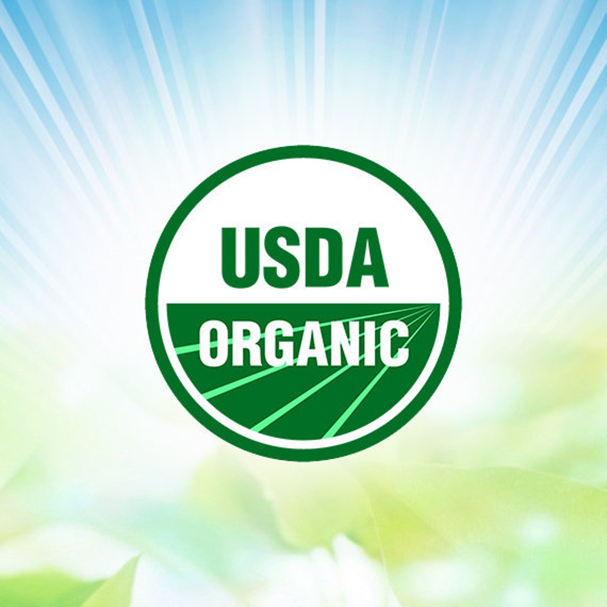 USDA Organic logo, green and white circle, text on a green field with a blue and green background