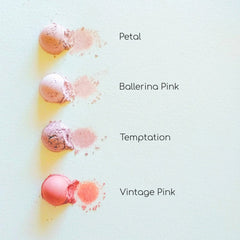 Pink blush swatches with various shades and textures on white background
