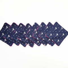 Coasters, navy fabric with white flamingo pattern and pink trim, set of eight