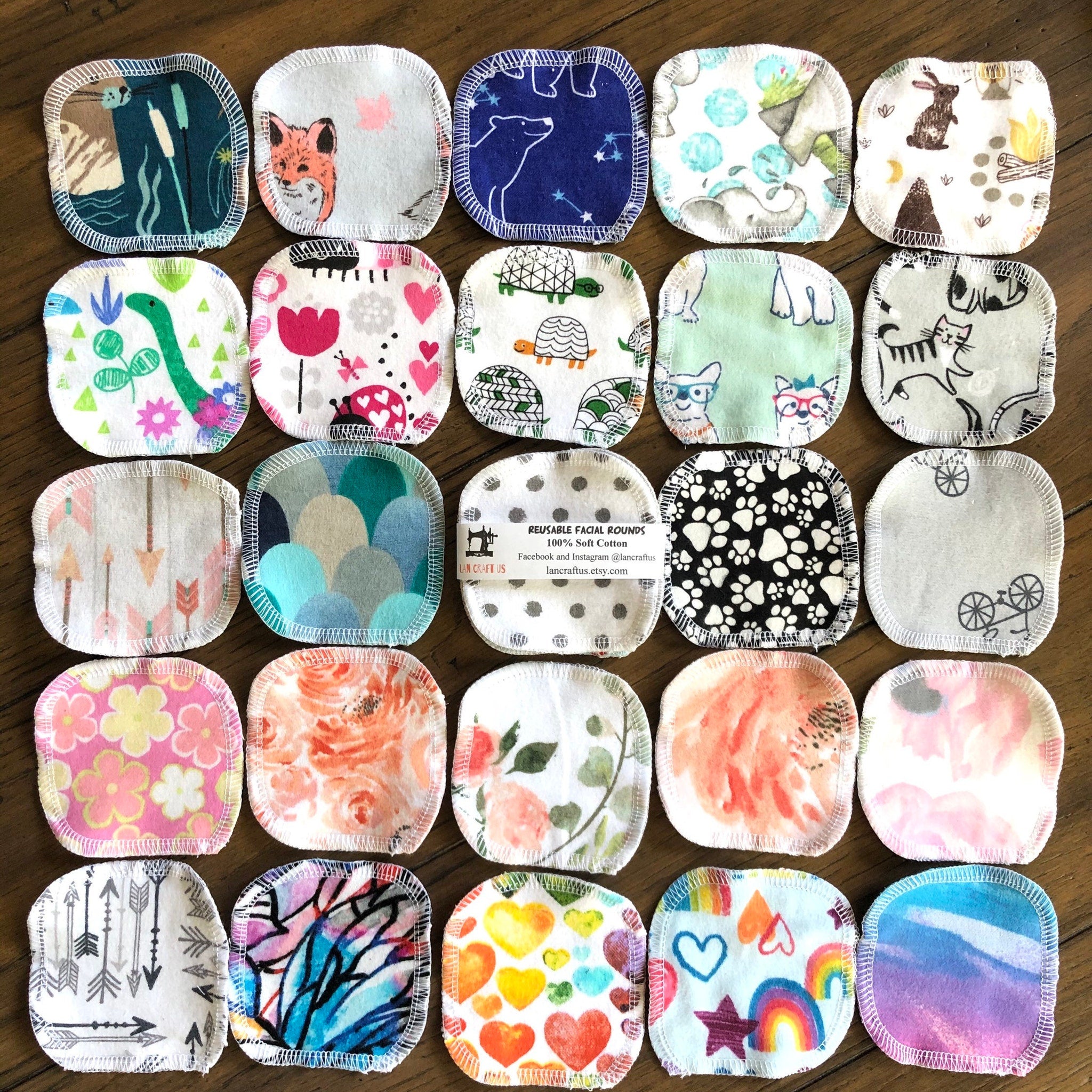 Reusable facial rounds with assorted patterns and white stitching, LanCraftUS