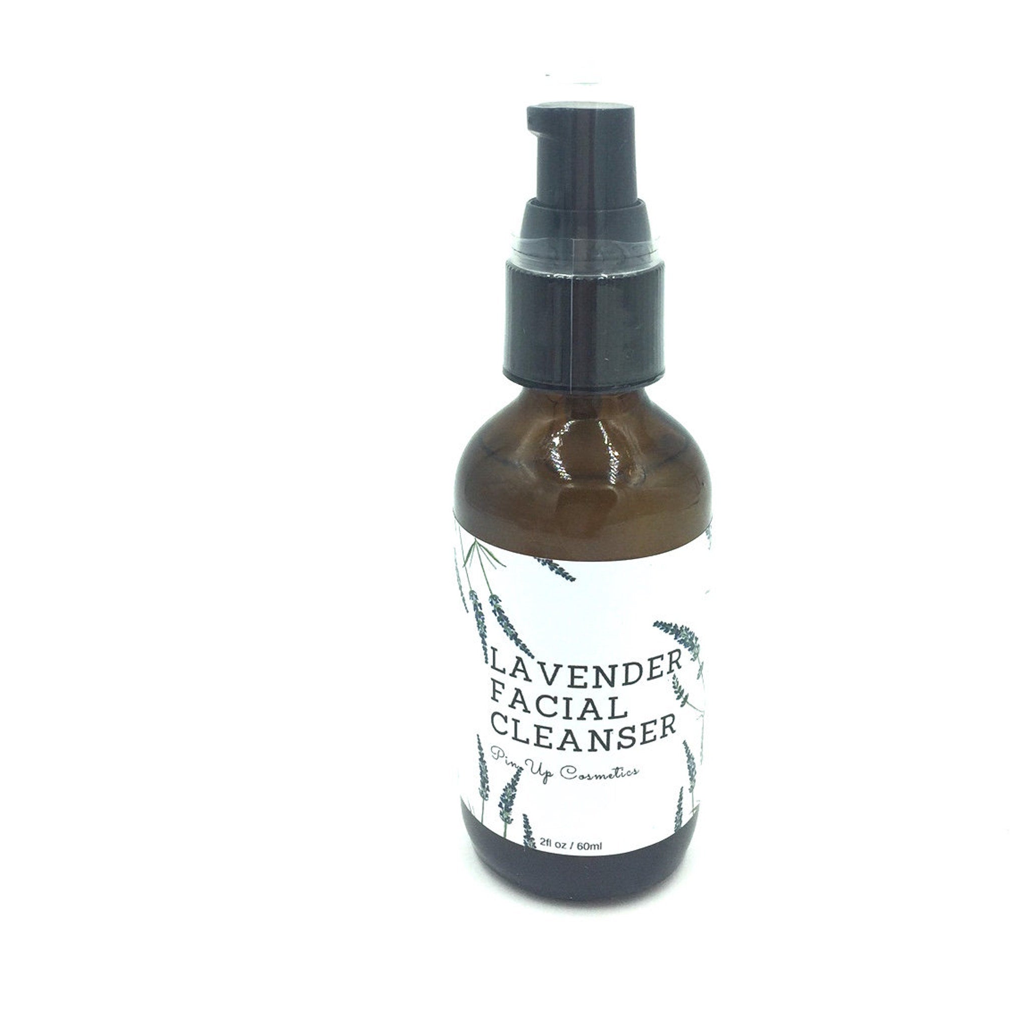 Lavender facial cleanser bottle, brown glass bottle with black pump, Pin Up Cosmetics branding