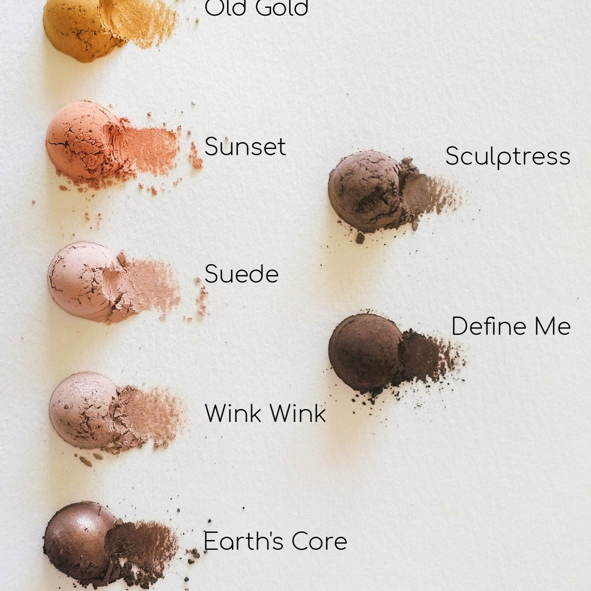 Eyeshadow samples, Sunset, peach-toned powder with a swatch, Elemental Beauty text visible