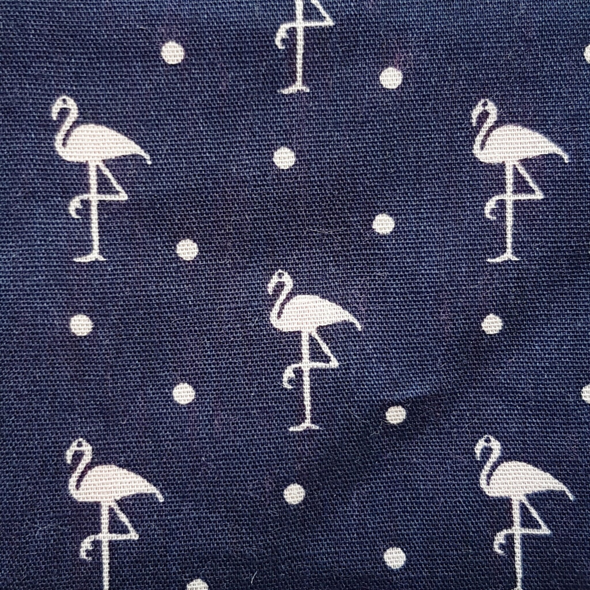Flamingo fabric, navy blue linen, white flamingo and dot pattern, textile design