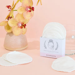 Reusable facial rounds, white cotton pads, ECO ROOTS branded, round shape, soft texture
