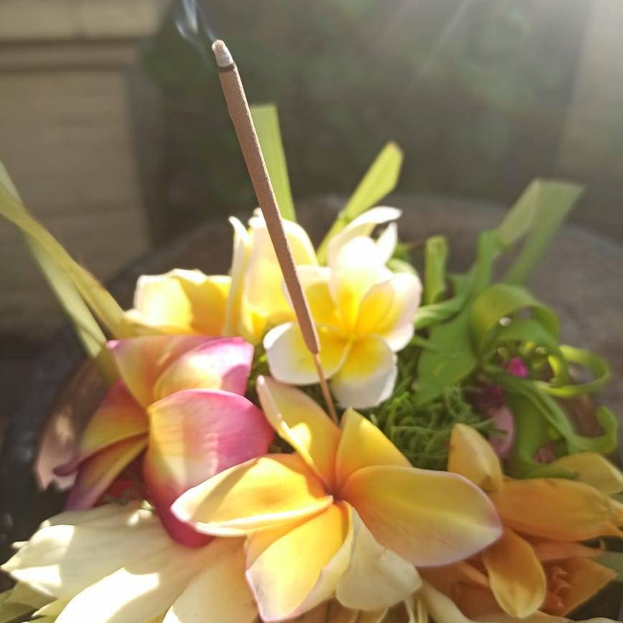 Incense stick brown with white tip, surrounded by yellow and pink flowers, smoking