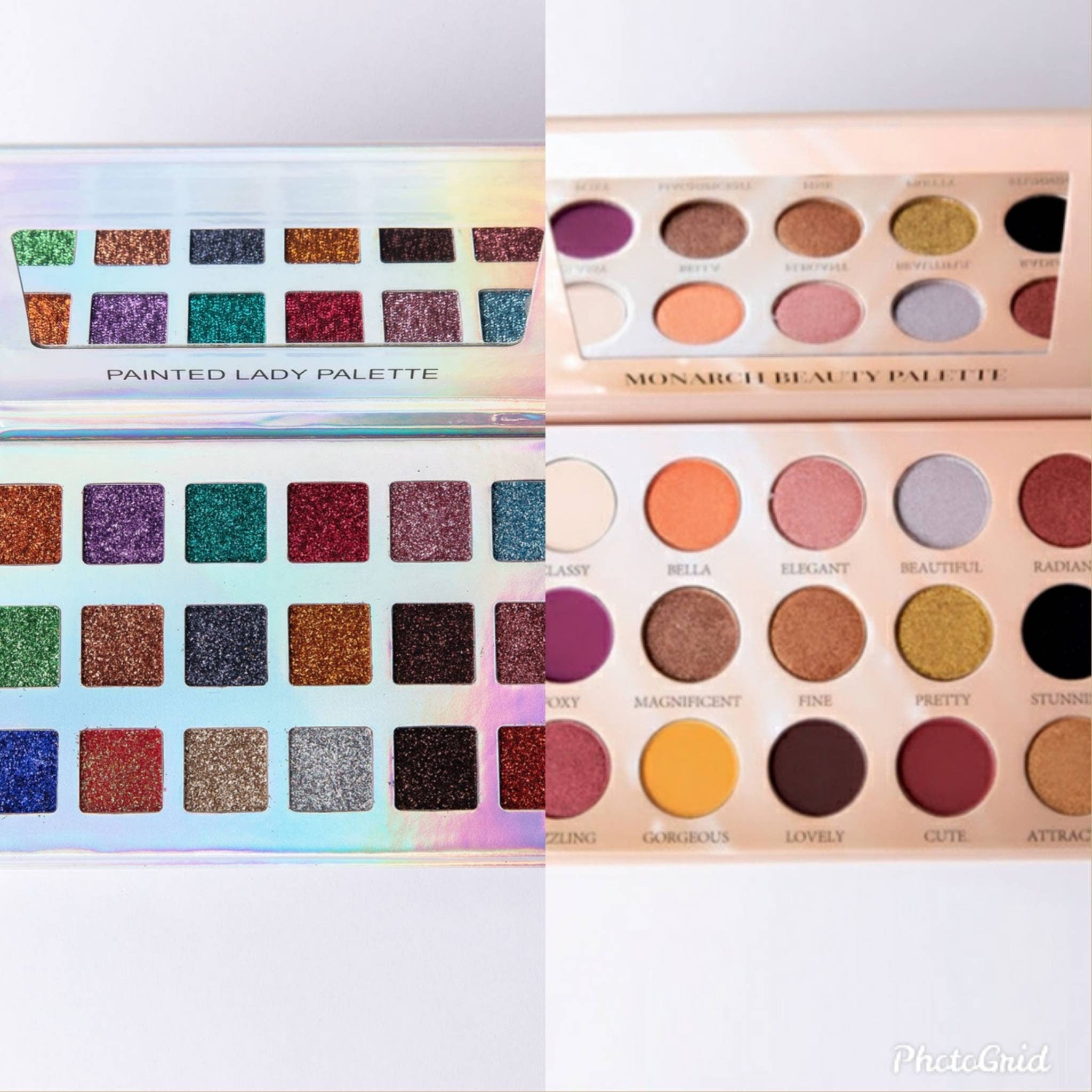 Close-up of fingertips applying shimmering bronze and plum eyeshadow from duo palette onto eyelid