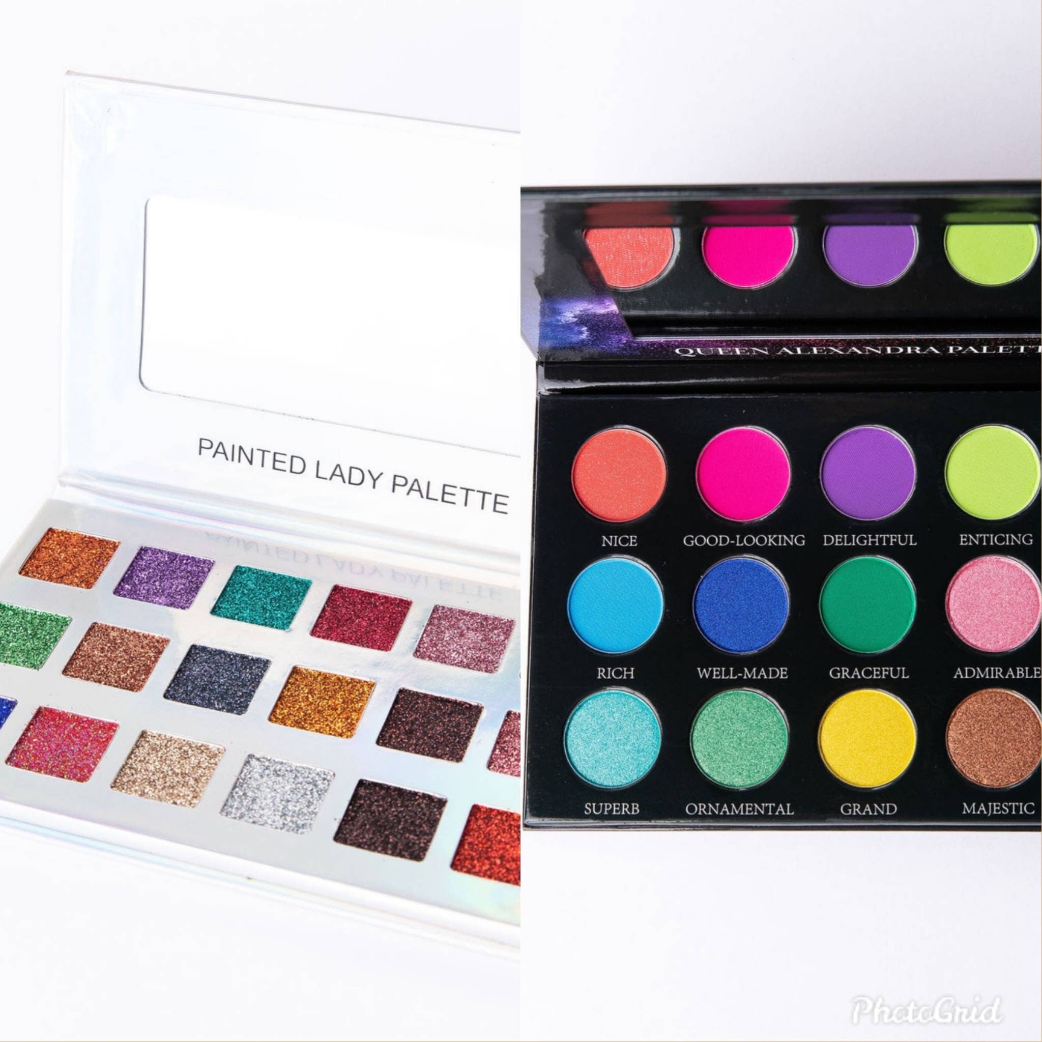 Monarch & Queen Alexandra eyeshadow palette duo displayed open with mirror, showcasing warm bronze and cool silver shades