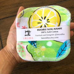 Reusable facial rounds with yellow lemon print, white stitching, and LAN CRAFT US label