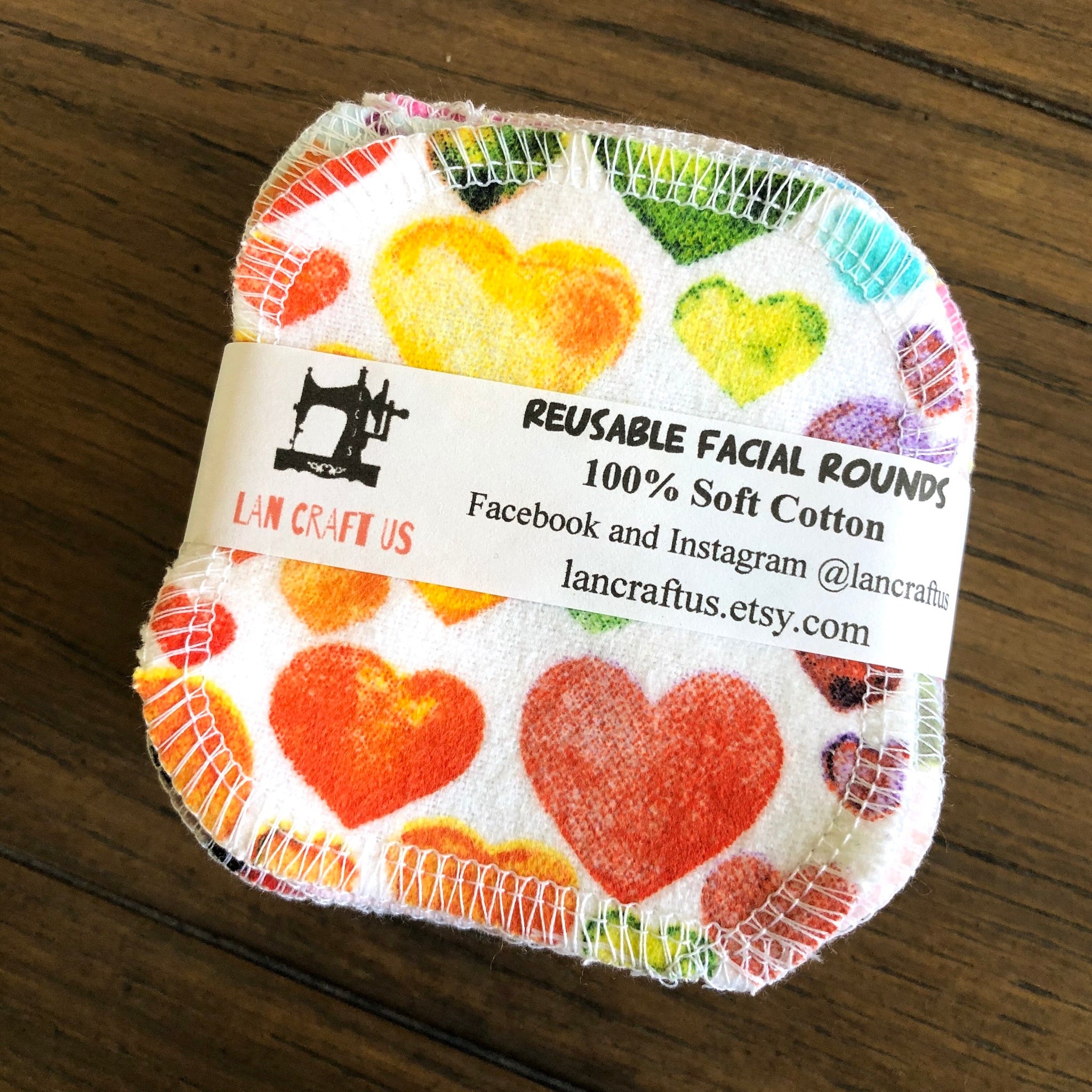 Reusable facial rounds with heart pattern, white cotton material, and LanCraftUS branding