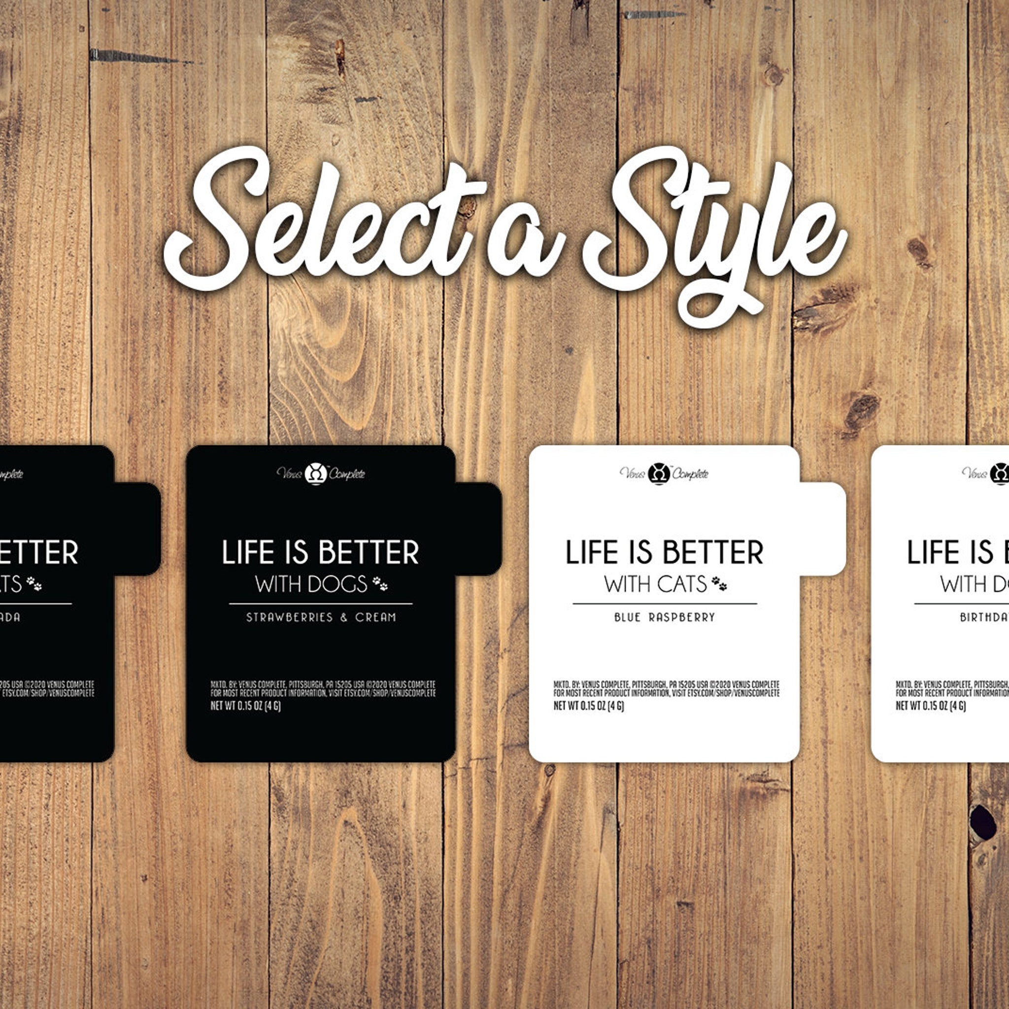 Cards with black and white text on wood background, "Select a Style" text in white script.