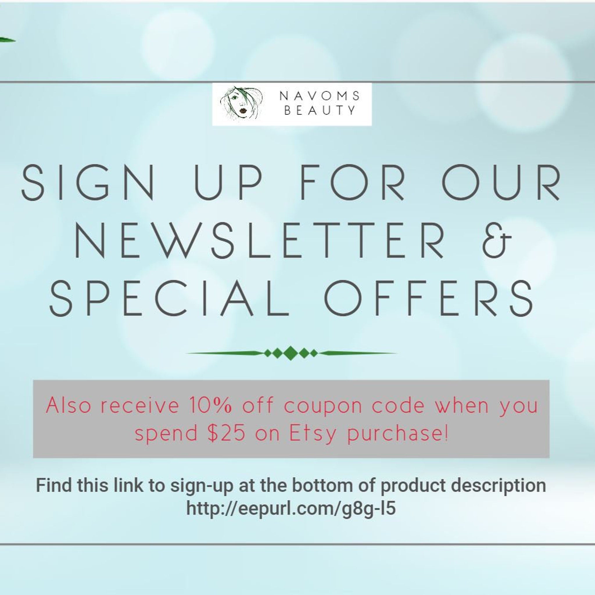 Newsletter sign up graphic with blue background, text, and Navoms Beauty logo in white box.