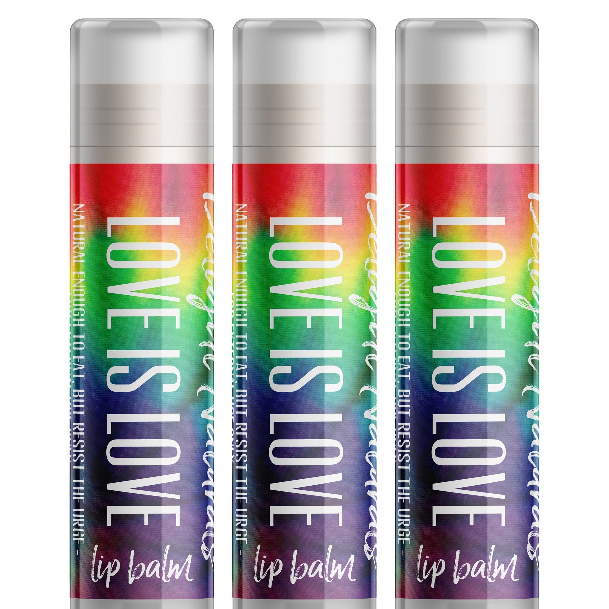 Lip balm tubes with tie dye pattern and white text reading "Love is Love" by Delight Naturals