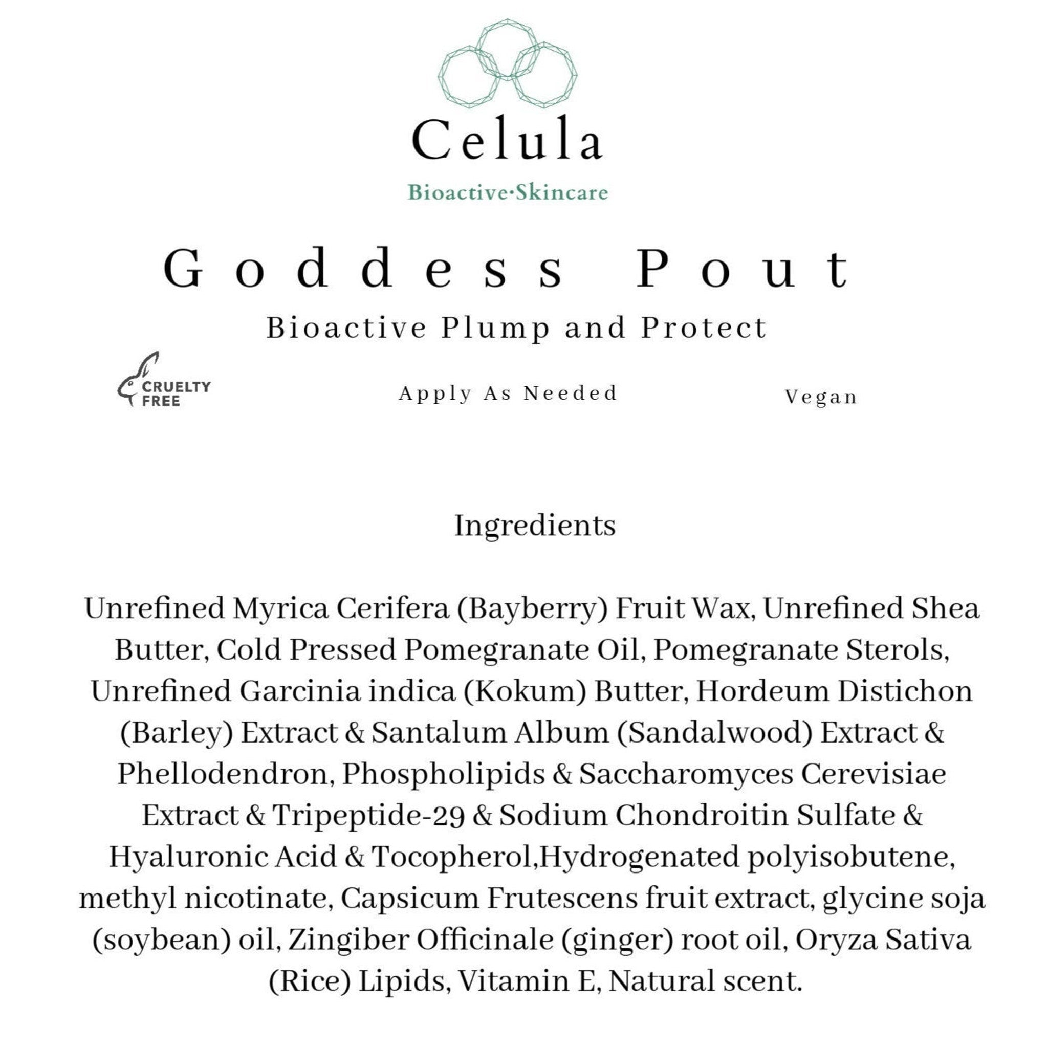 White text on white background with Celula logo, Cruelty Free icon, and "Goddess Pout" text