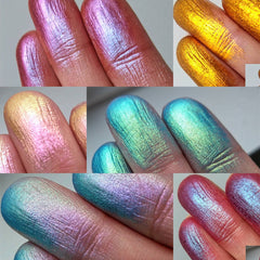 Side view of multichrome pressed eyeshadow pans showing vibrant color shift from purple to green shimmer