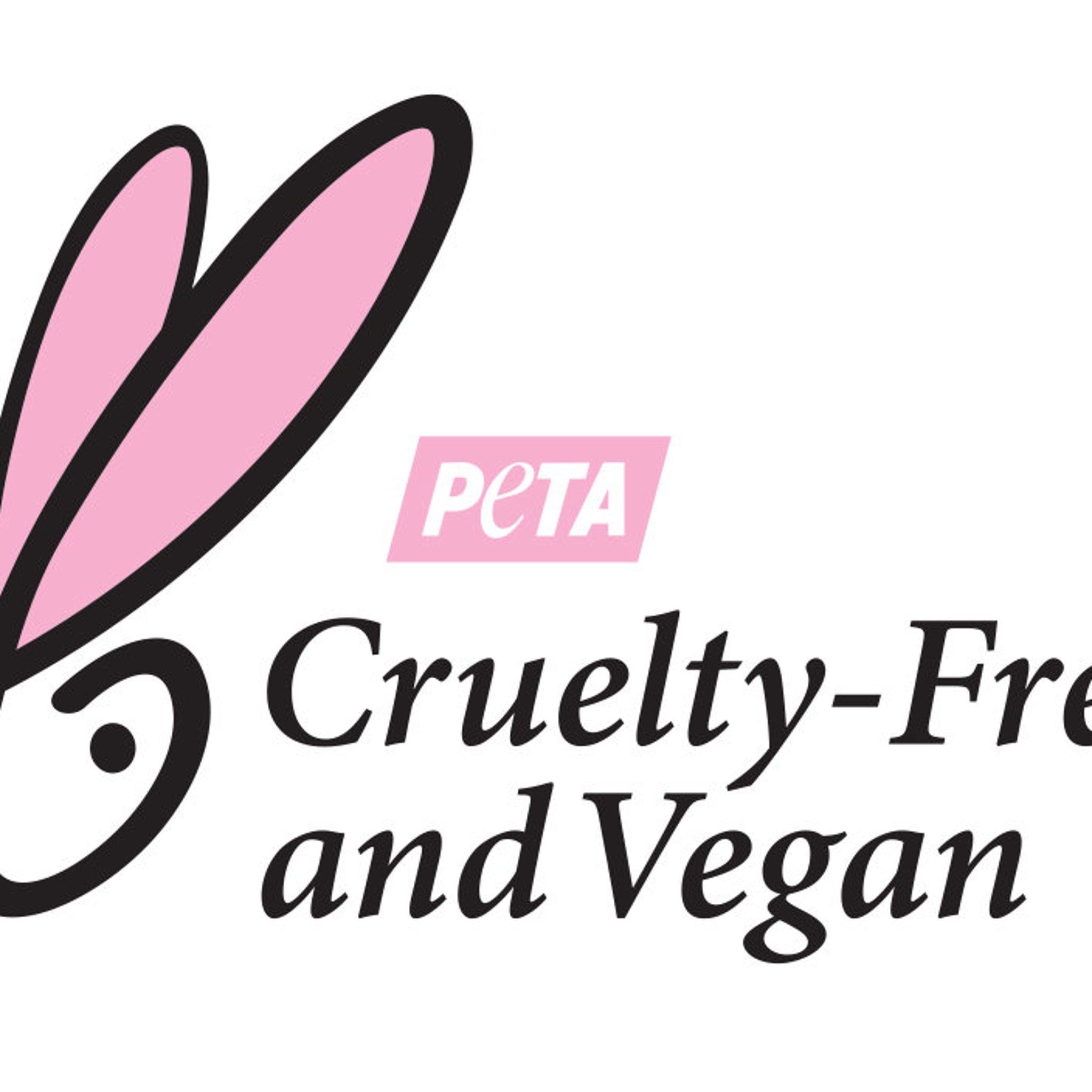 Cruelty-Free and Vegan logo with pink and black bunny ears and PETA text.