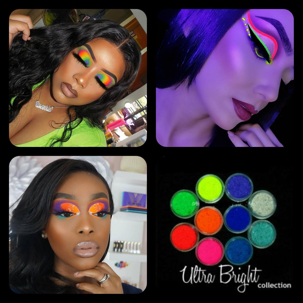 Vibrant 10-piece eyeshadow pigment set in rainbow colors with sleek black compact packaging
