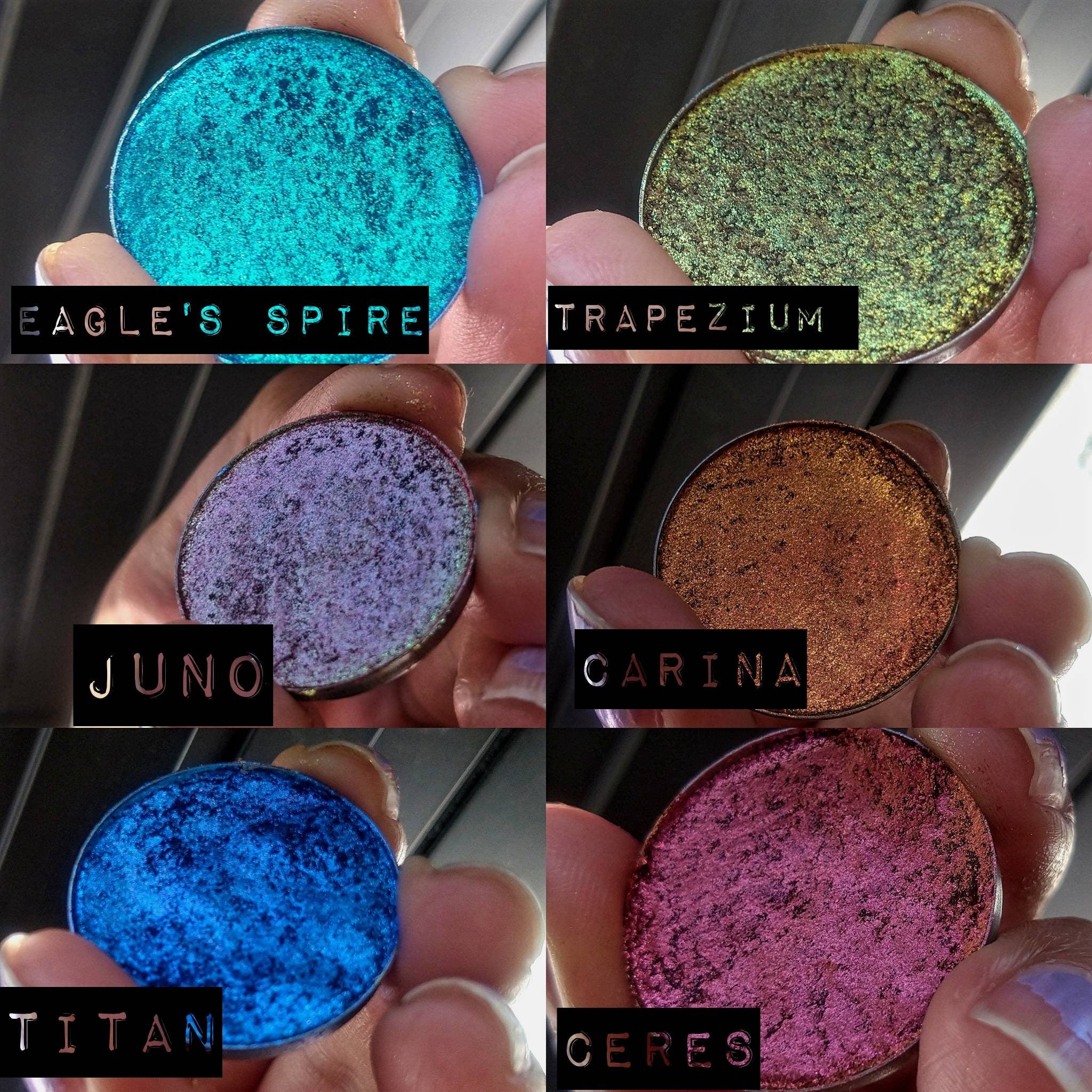 Side view of NEBULA multichrome eyeshadow pot showing chameleon orange-pink-gold-violet shift in natural light