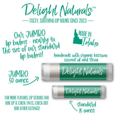 Lip balms with green and white Delight Naturals label, jumbo and standard sizes compared