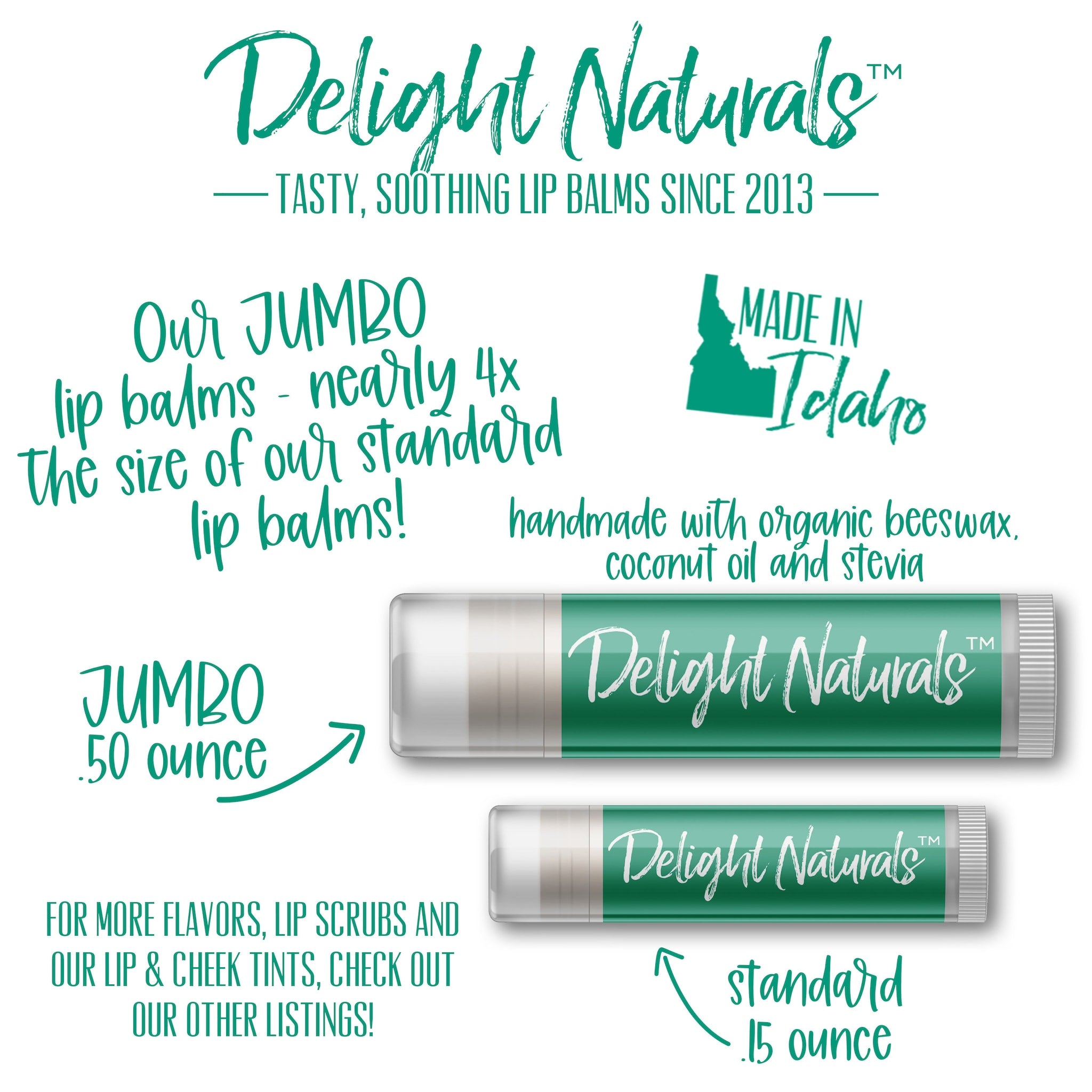 Lip balms with green and white tubes, Delight Naturals brand, for moisturizing lips