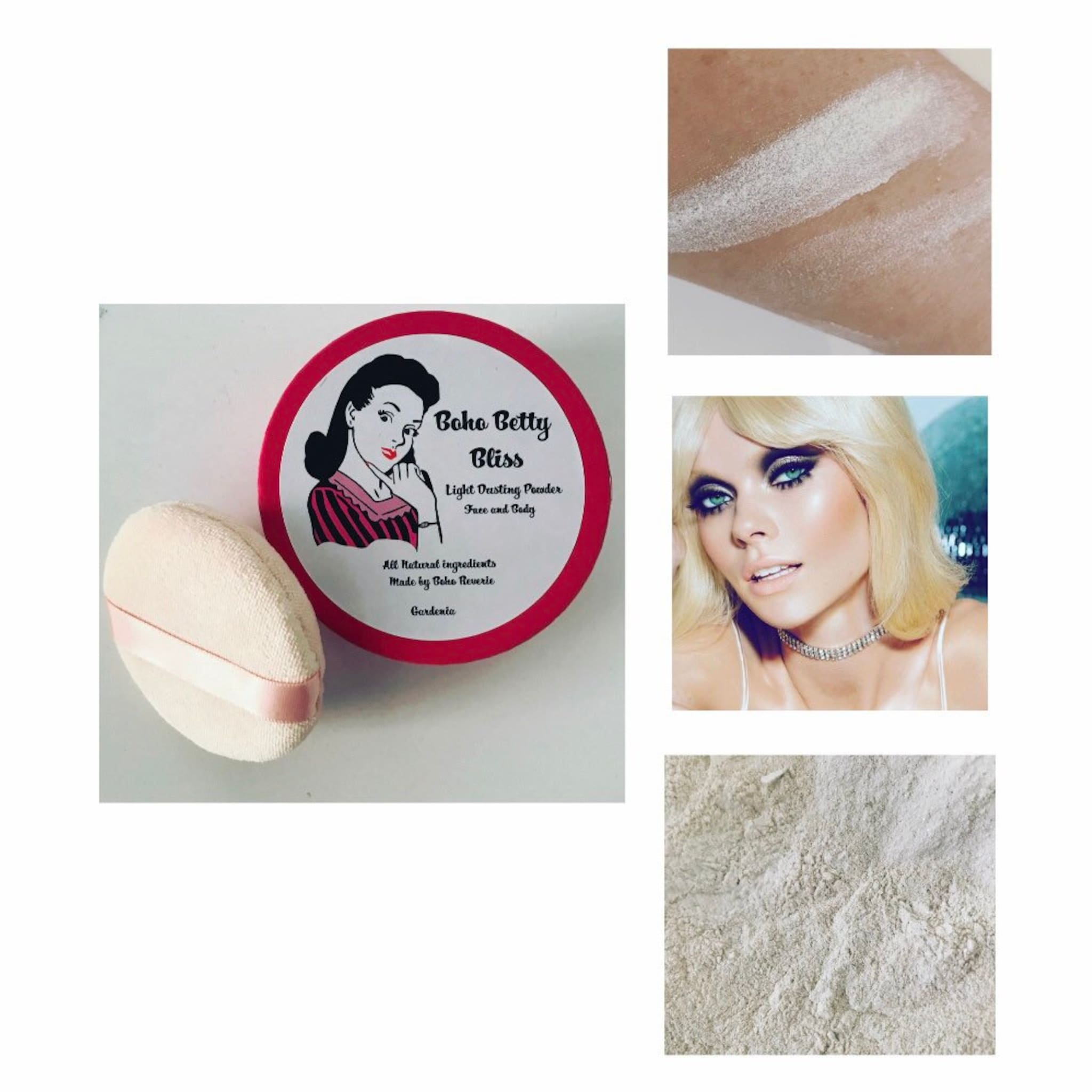 Dusting powder with Boho Betty Bliss text, white powder on skin, powder puff with pink ribbon
