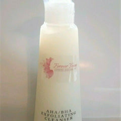 AHA/BHA exfoliating cleanser bottle, white and cream colored, with "Forever Young" text visible