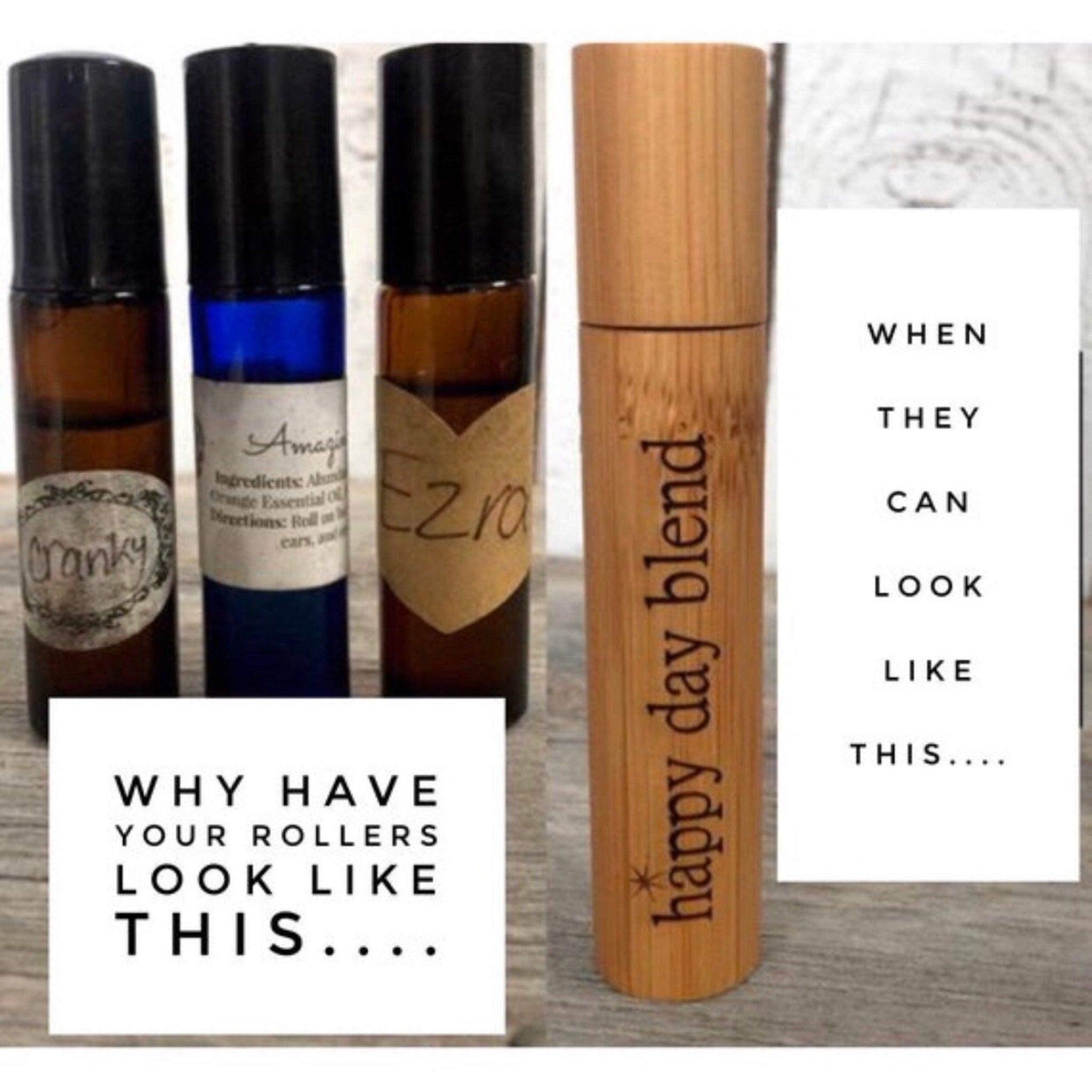 Essential oil rollers in brown, blue, and bamboo with black caps, labeled "Cranky" and "Ezra
