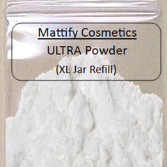 Face powder, white powder, clear plastic bag, "Mattify Cosmetics ULTRA Powder" text