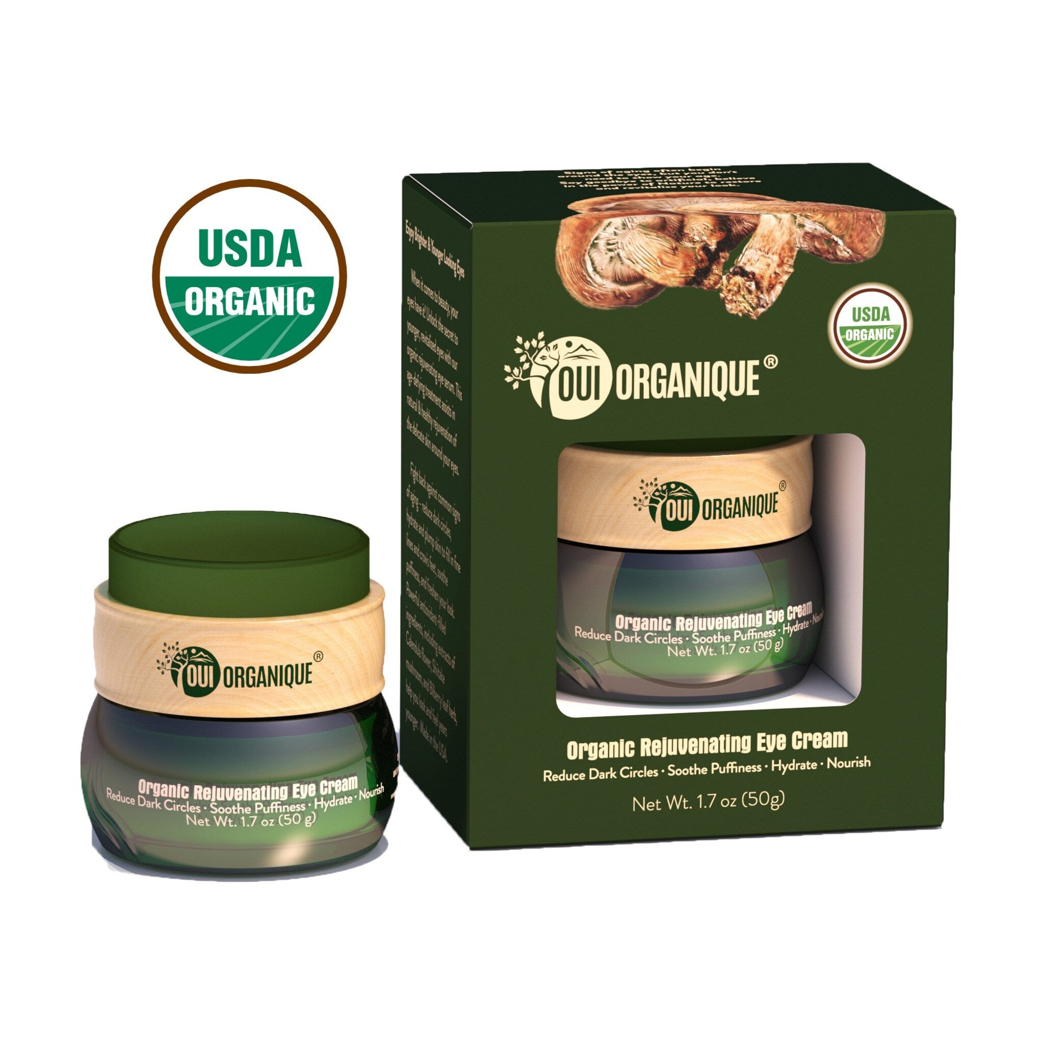 Close-up of organic anti-wrinkle eye cream with smooth texture in sleek white jar, gold lid, and botanical branding