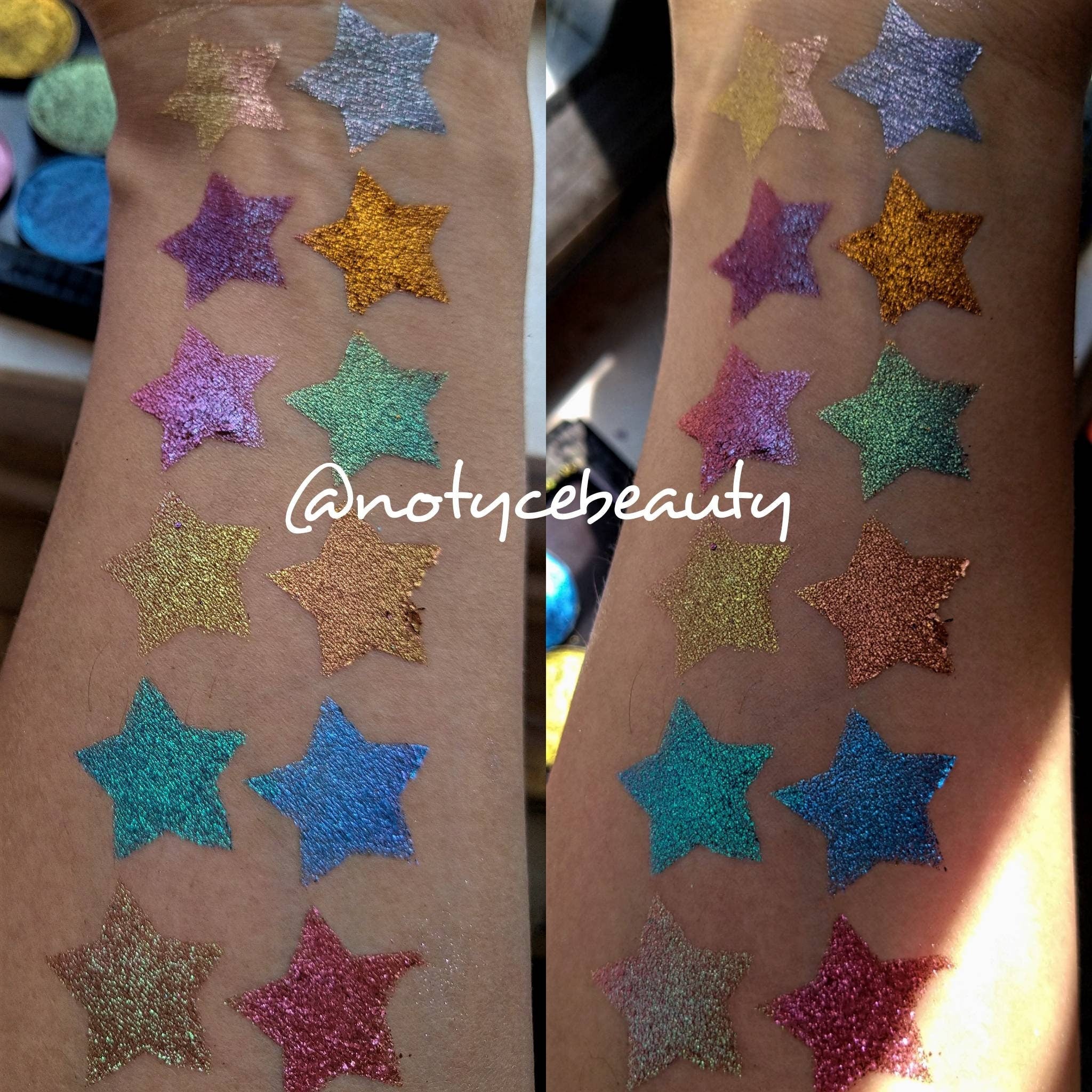 Side angle of NEBULA multichrome eyeshadow pot showing chameleon orange-pink-gold-violet shift in gradient light.