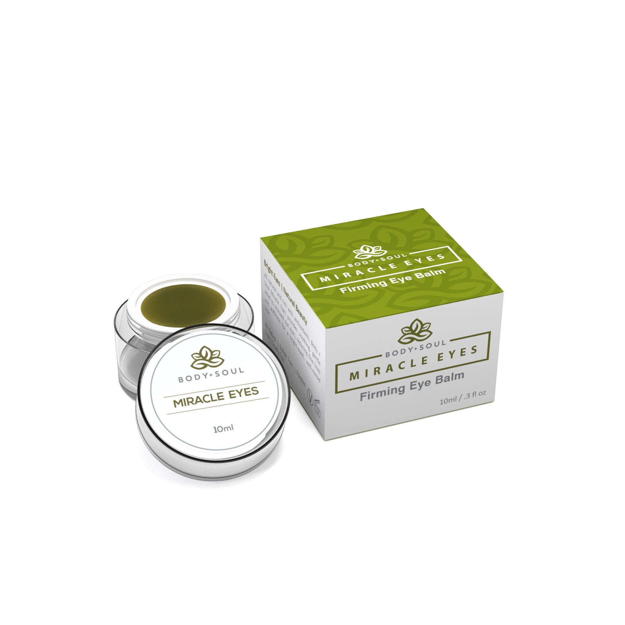 Eye Makeup Balm with green balm, white container, and Body & Soul Botanica label
