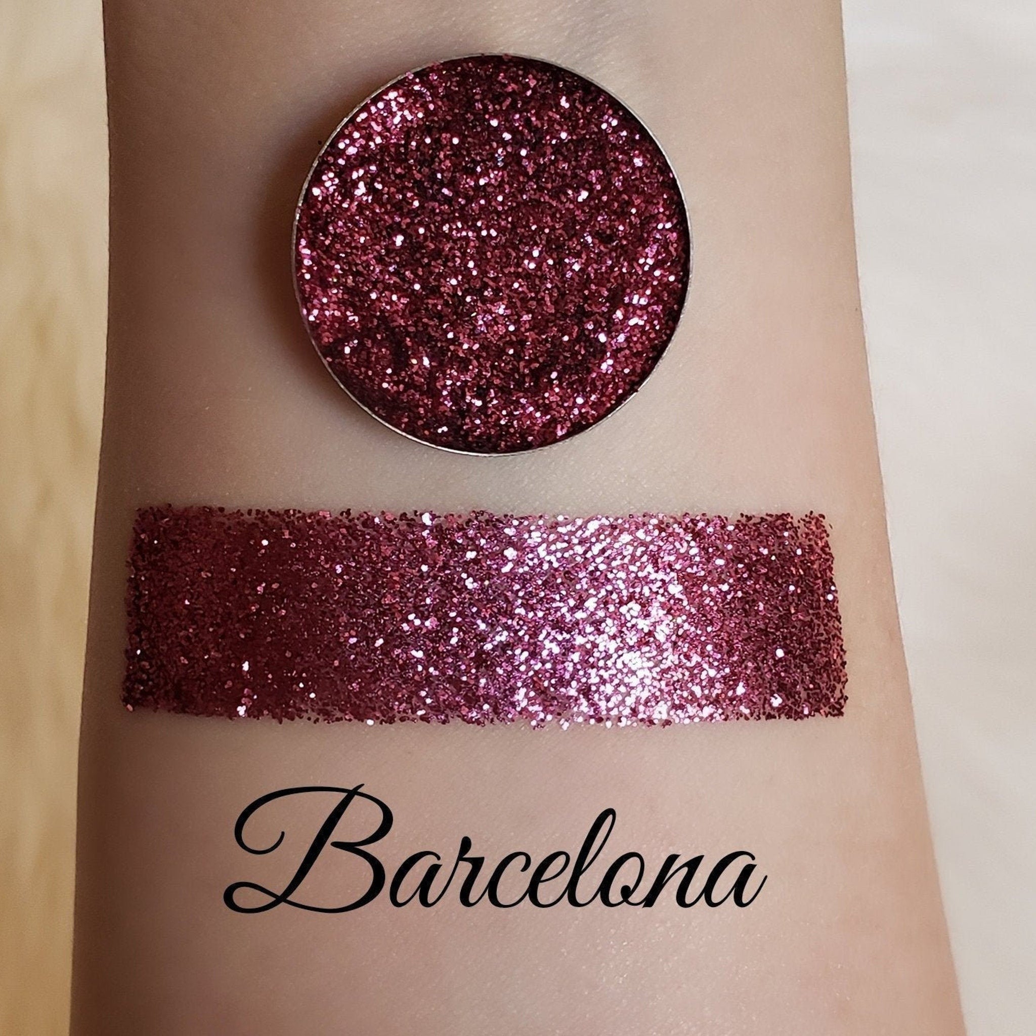 Barcelona pressed glitter eyeshadow in a magnetic pan with vibrant shimmer particles and smooth texture