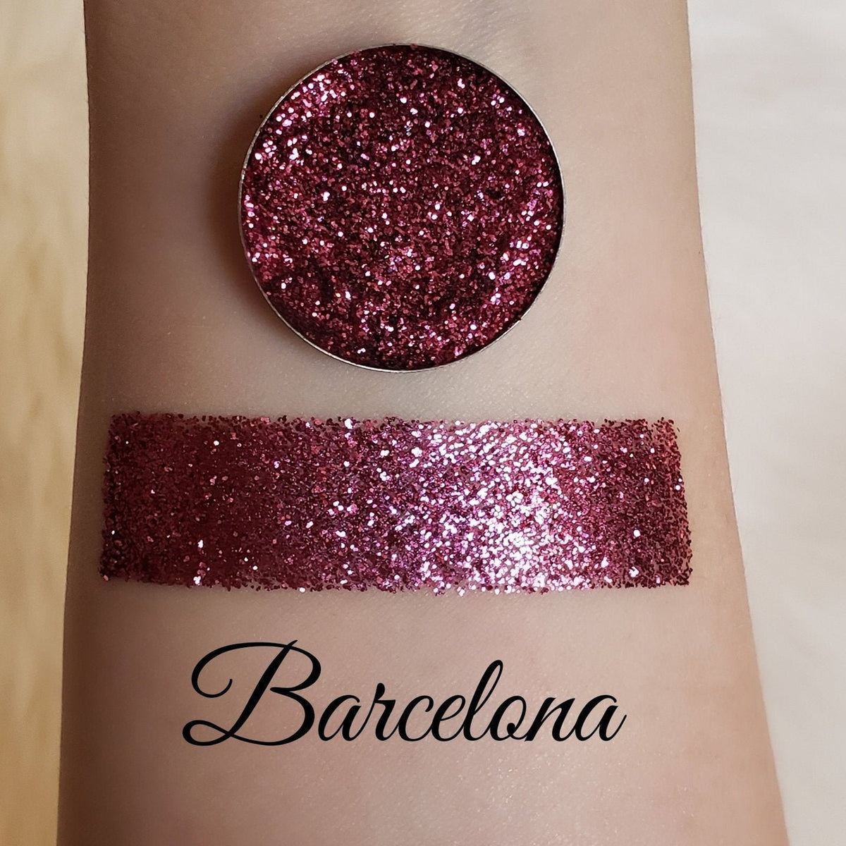 Barcelona pressed glitter eyeshadow in a magnetic pan with vibrant shimmer particles and smooth texture
