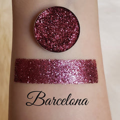 Barcelona pressed glitter eyeshadow in a magnetic pan with vibrant shimmer particles and smooth texture