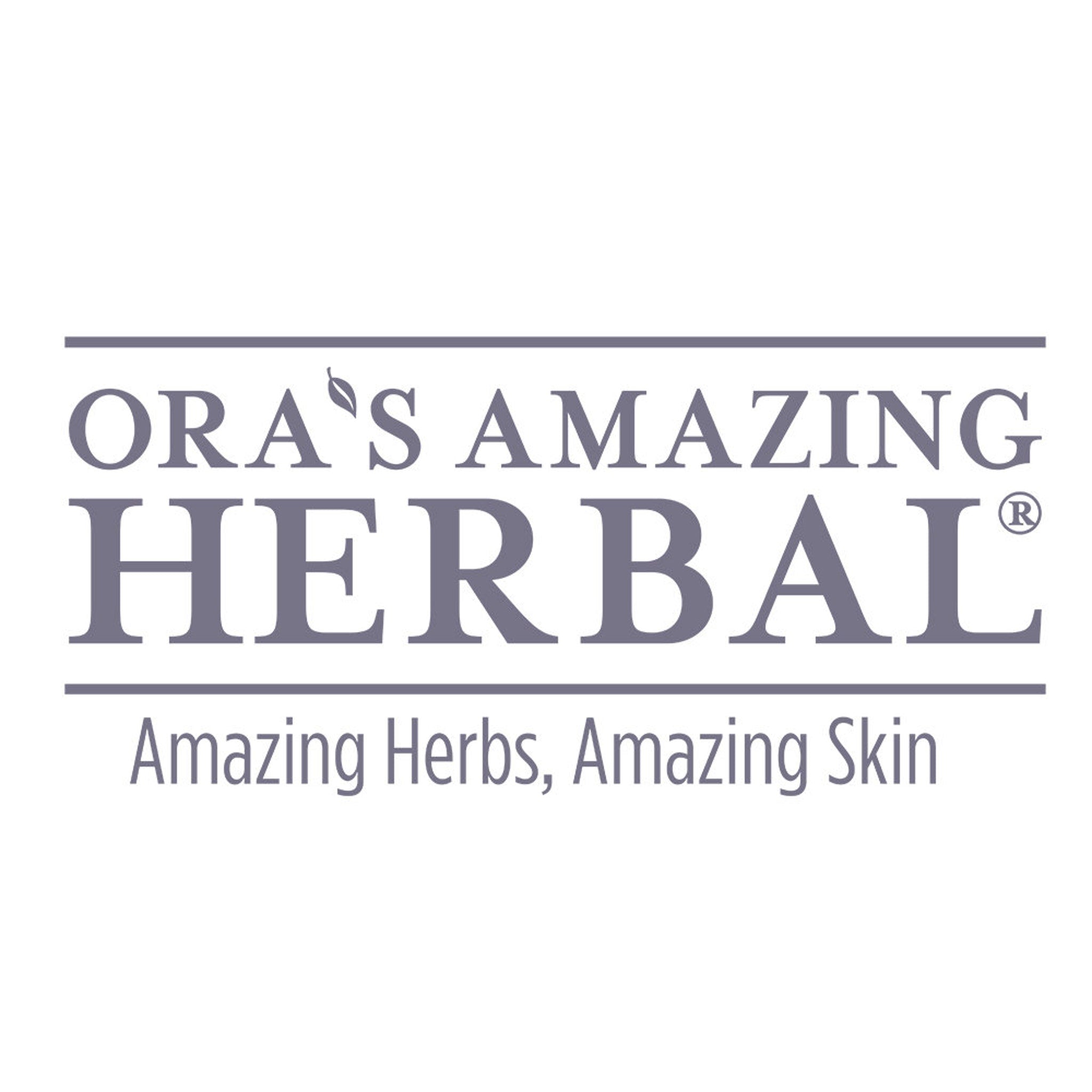 Ora's Amazing Herbal logo, gray text on white background, brand name with leaf accent, "Amazing Herbs, Amazing Skin" text
