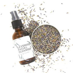 Lavender Facial Cleanser brown glass bottle with black pump and lavender buds, Pin Up Cosmetics branding