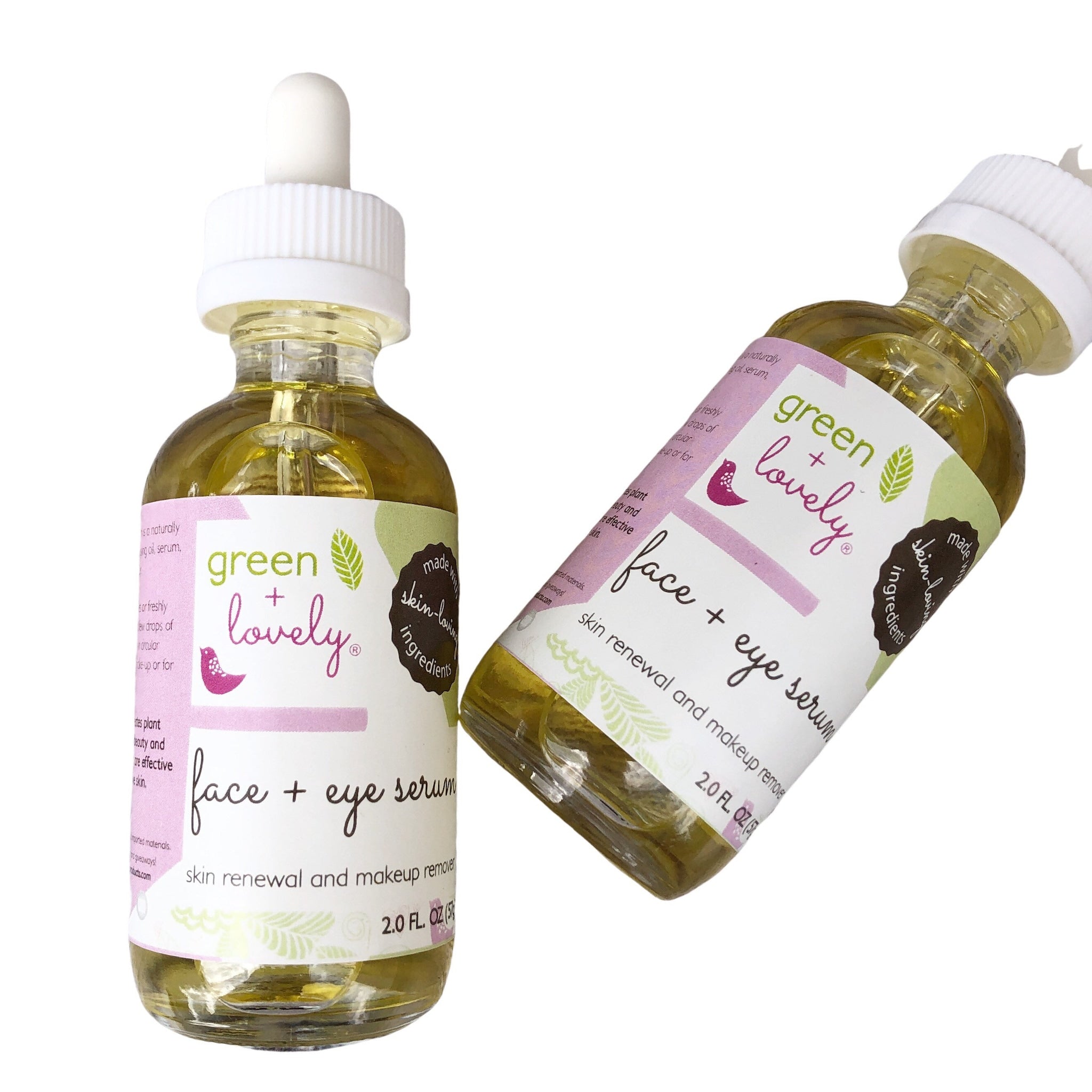 Face and eye serum bottles with white dropper, clear glass, and green+lovely label