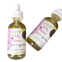 Face and eye serum bottles with white dropper, clear glass, and green+lovely label