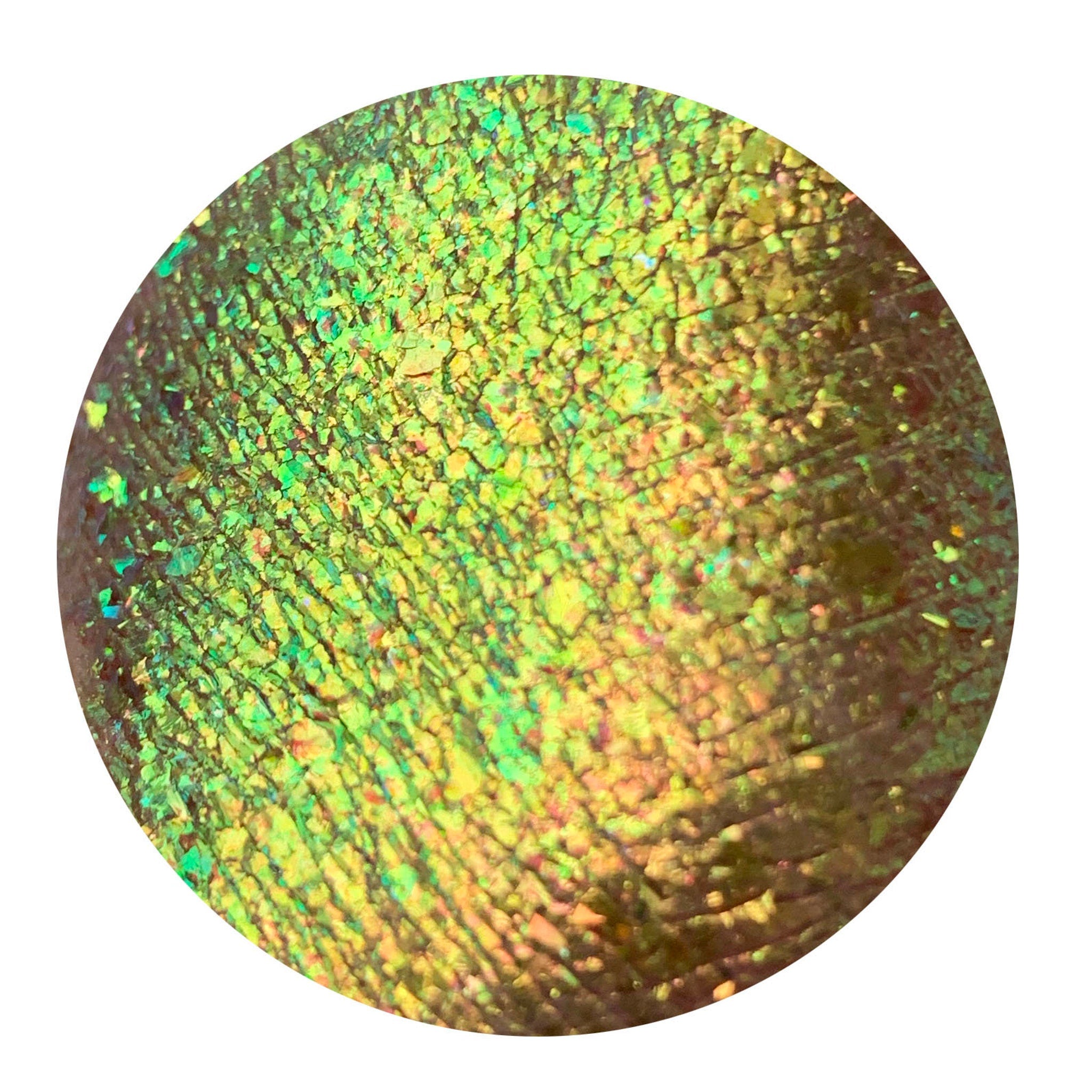 Close-up of Tala Foil Lizard Eye Shadow Pigment FL12 in a small pot with shimmering emerald green powder