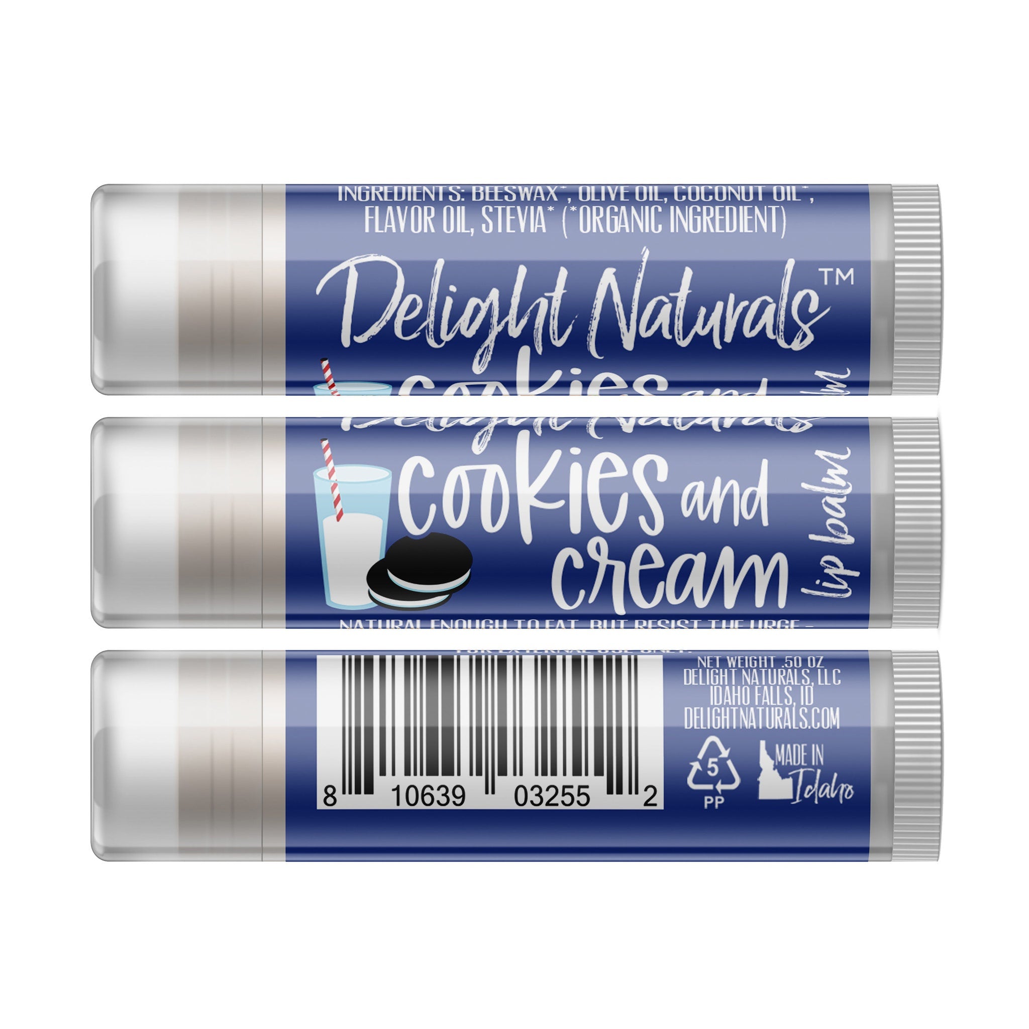 Lip balm tube with blue, white, and clear packaging, Delight Naturals brand, Cookies and Cream flavor