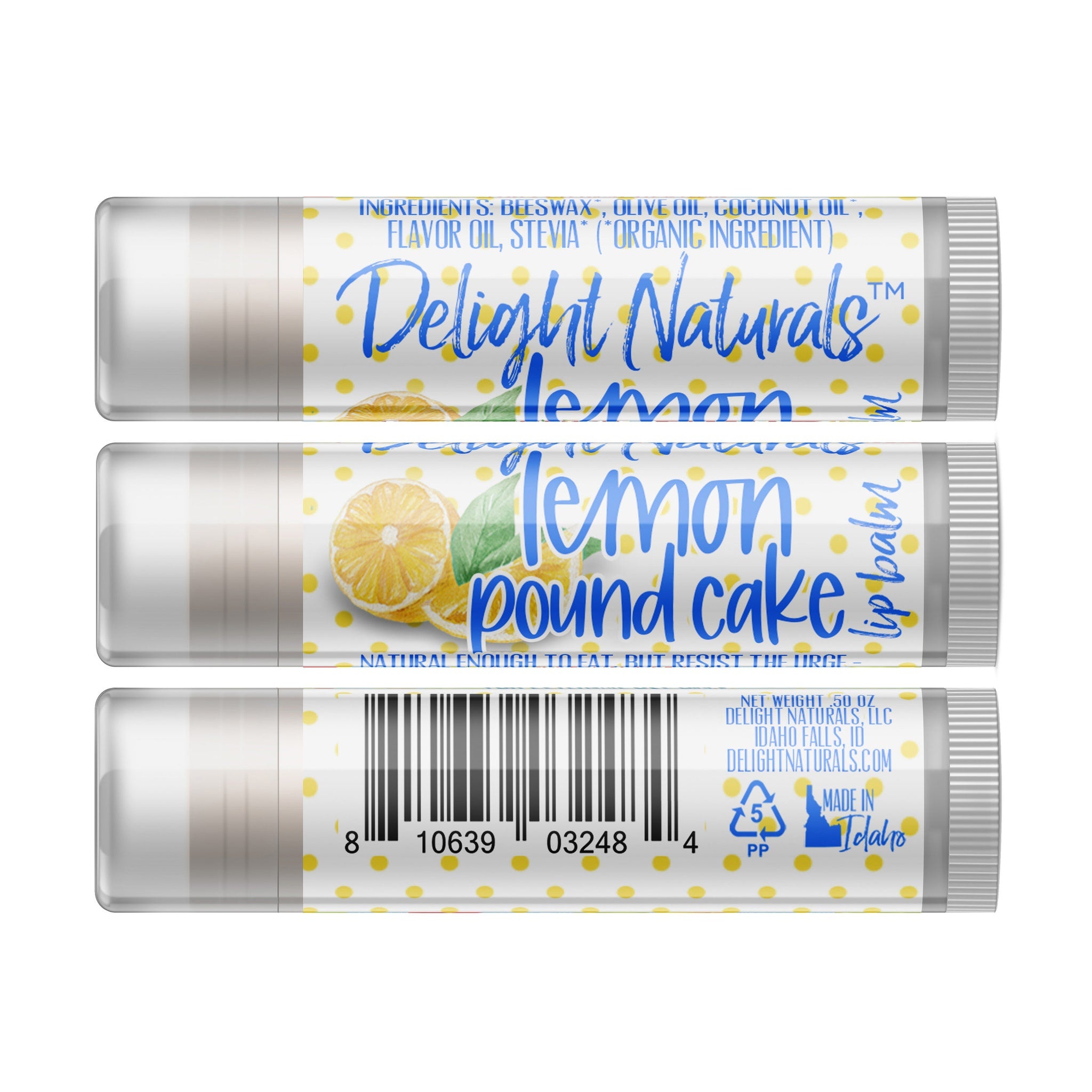 Lip balm tube with white, yellow polka dot pattern, and Delight Naturals branding, lemon flavor