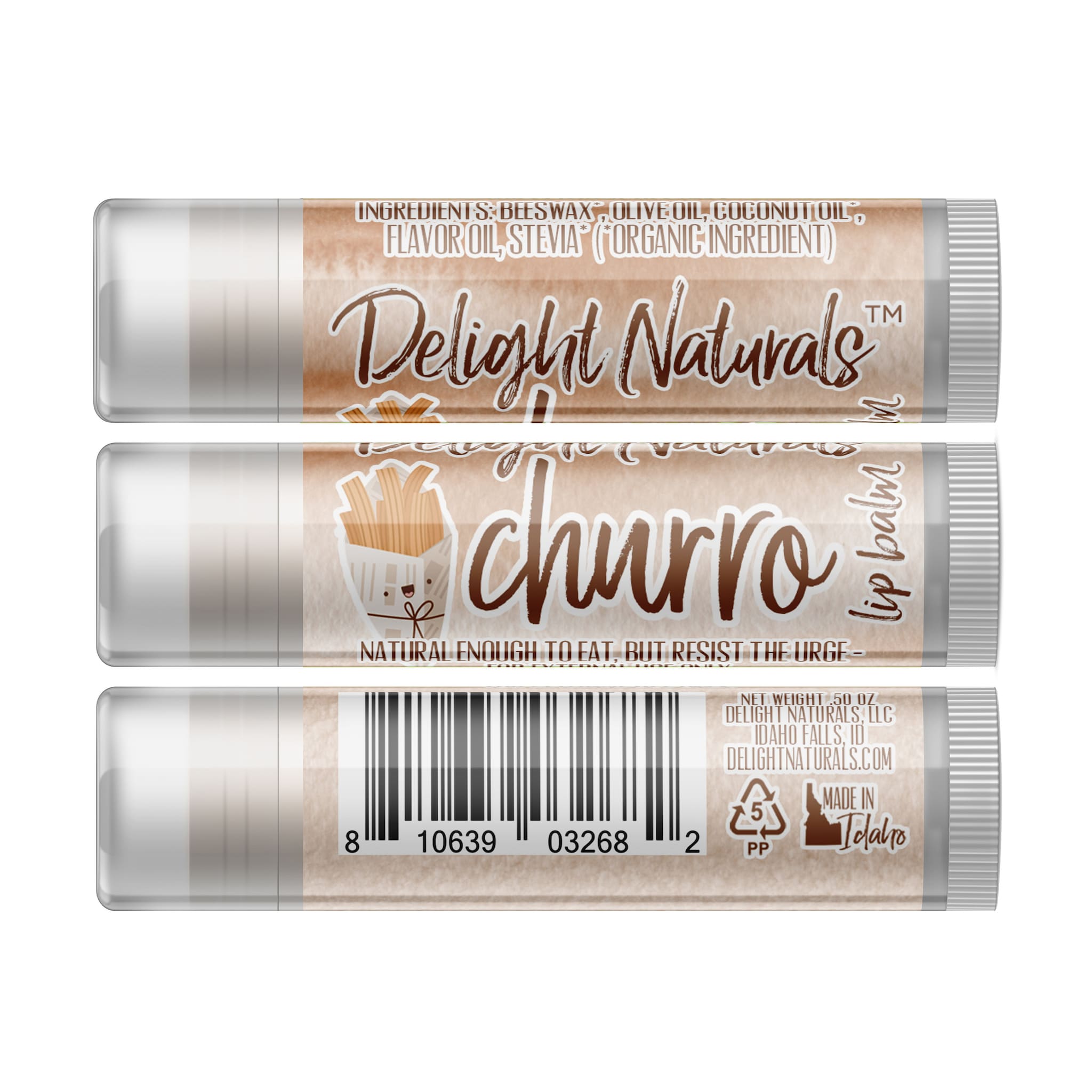 Lip balm tube with brown and white label, Delight Naturals churro flavor, for lip care