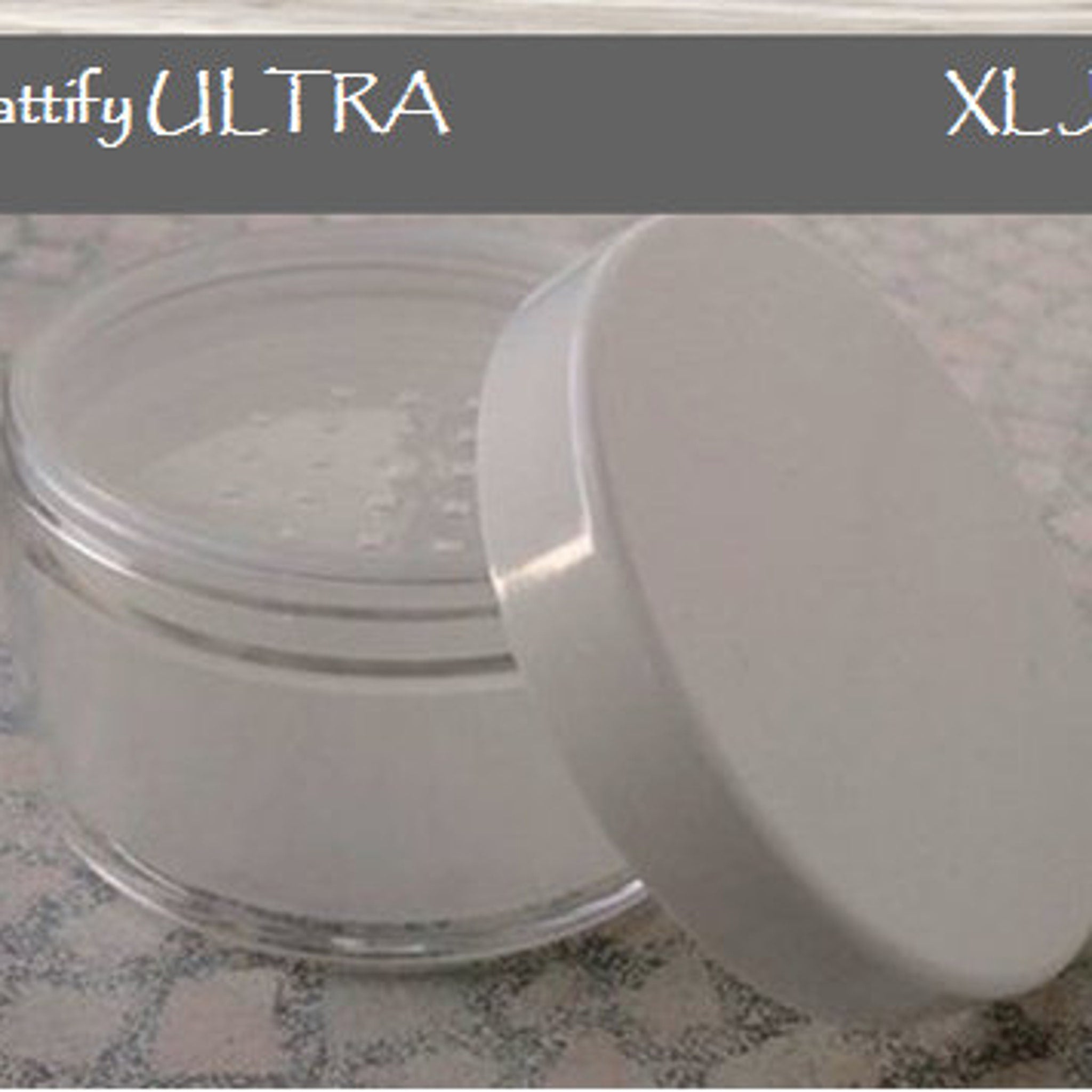 Powder container with white lid and clear container, Mattify ULTRA branding visible