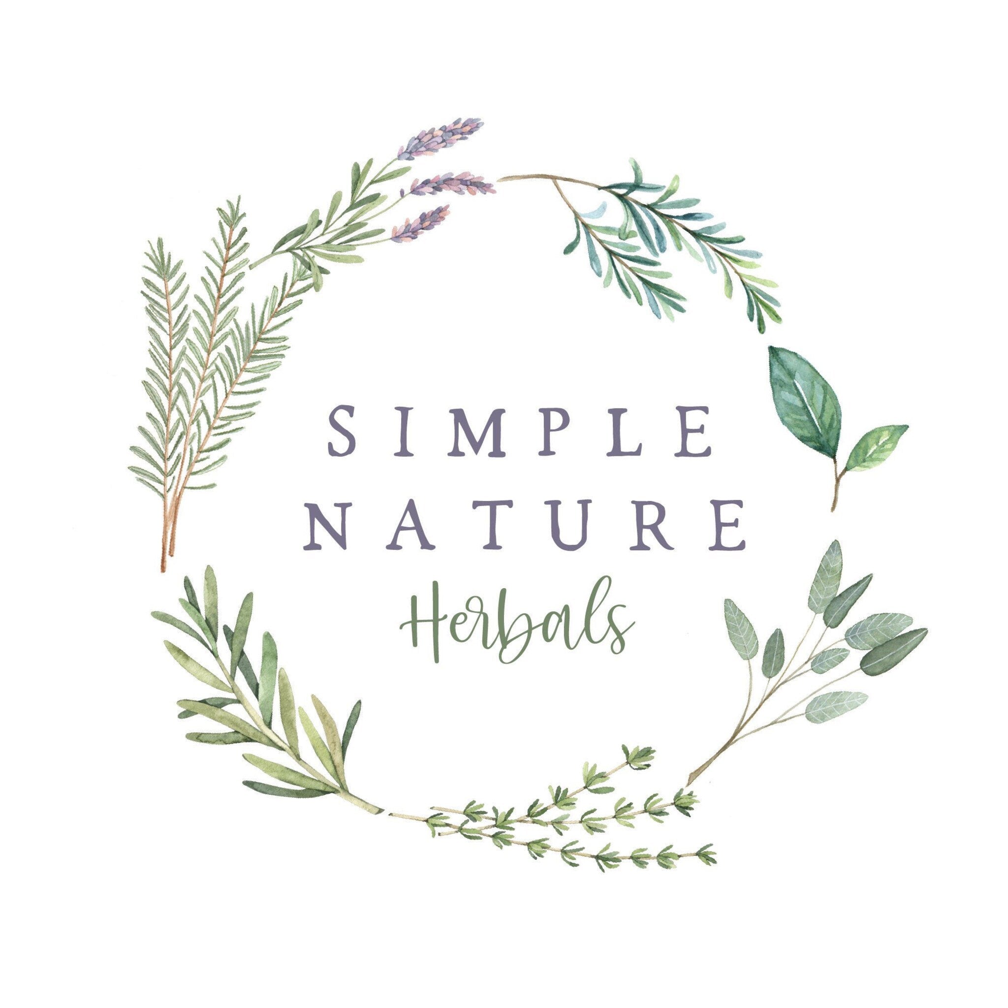 Simple Nature Herbals logo with watercolor style herbs, green and purple accents, and white background