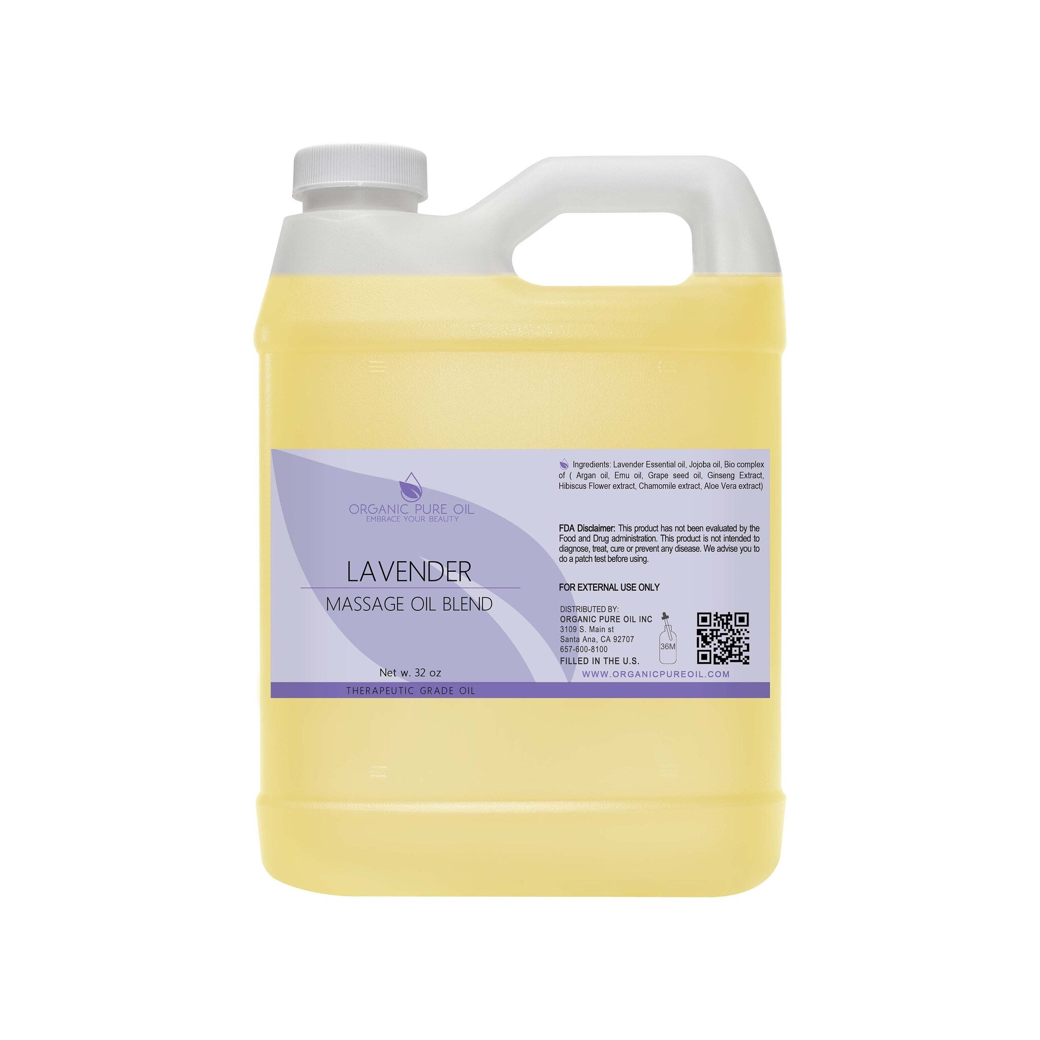 Massage oil blend in a yellow plastic bottle with white handle, Organic Pure Oil brand